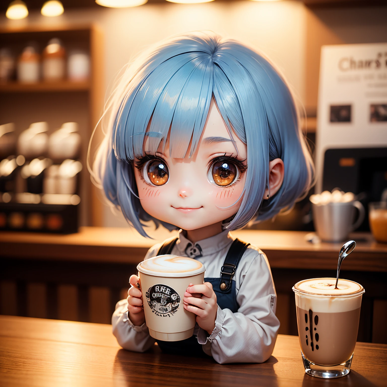 ​masterpiece、top-quality、ultra-detailliert、(Chibi Chara's Daughter:1.2),coffee shop kitchen,Blue ribbon on curly white bob hair,blue wraith, Sit up,Holding one latte art coffee cup,A smile,There are no other coffee cups