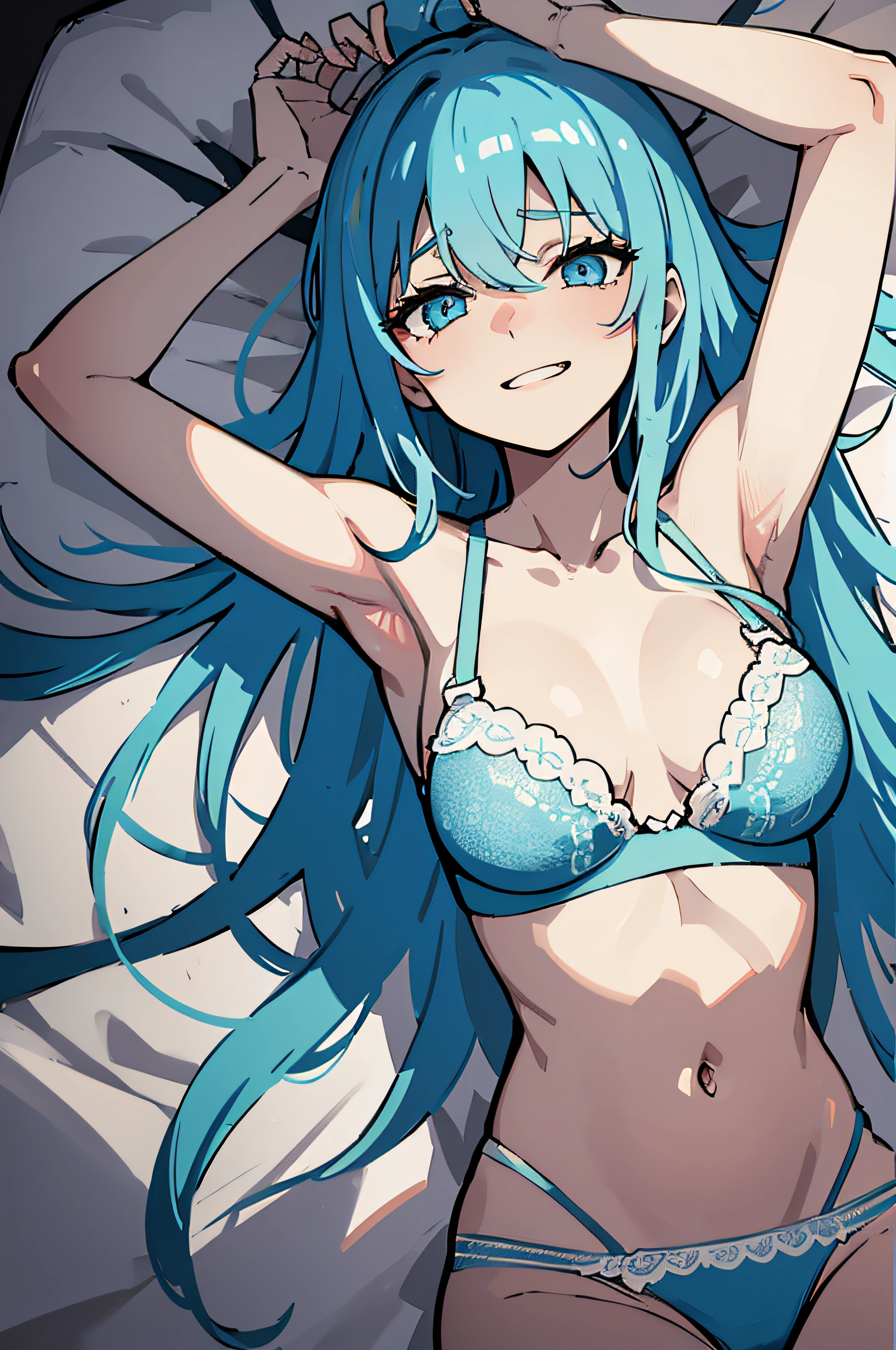 One girl, bra, lying on the bed, long light blue hair, light blue eyes, white bandages around the arms, tickling, laughing