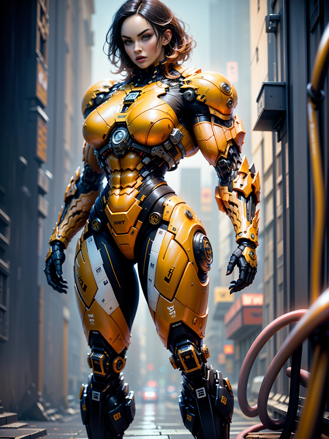 Cinematic, hyper-detailed, and insanely detailed, this artwork captures the essence of megan fox with breathtaking beauty. The color grading is beautifully done, enhancing the overall cinematic feel. Unreal Engine brings her anatomic cybernetic muscle suit to life, appearing even more mesmerizing. With the use of depth of field (DOF), every detail is focused and accentuated, drawing attention to her eyes and the intricate design of the anatomic cybernetic muscle suit . The image resolution is at its peak, utilizing super-resolution technology to ensure every pixel is perfect. Cinematic lighting enhances her aura, while anti-aliasing techniques like FXAA and TXAA keep the edges smooth and clean. Adding realism to the anatomic cybernetic muscle suit, RTX technology enables ray tracing. Additionally, SSAO (Screen Space Ambient Occlusion) gives depth and realism to the scene, the girl's anatomic cybernetic muscle suit become even more convincing. In the post-processing and post-production stages, tone mapping enhances the colors, creating a captivating visual experience. The integration of CGI (Computer-Generated Imagery) and VFX (Visual Effect brings out the anatomic cybernetic muscle suit's intricate features in a seamless manner. SFX (Sound Effects) complement the visual artistry, immersing the viewer further into this fantastic world. The level of detail is awe-inspiring, with intricate elements meticulously crafted, the artwork hyper maximalist and hyper-realistic. Volumetric effects add depth and dimension, and the photorealism is unparalleled. The image is rendered in 8K resolution, ensuring super-detailed visuals. The volumetric lightning adds a touch of magic, highlighting her beauty and the aura of her anatomic cybernetic muscle suit in an otherworldly way. High Dynamic Range (HDR) technology makes the colors pop, adding richness to the overall composition. Ultimately, this artwork presents an unreal portrayal of a super muscled cybernetic female android