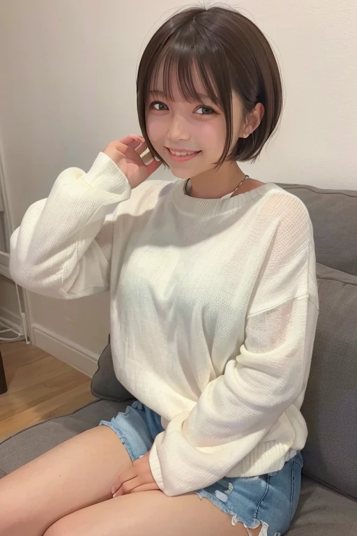 Sitting on the sofa in the living room, the background is a white wall, white sweater, white shorts, thighs, smile, brown hair, short cut hair,