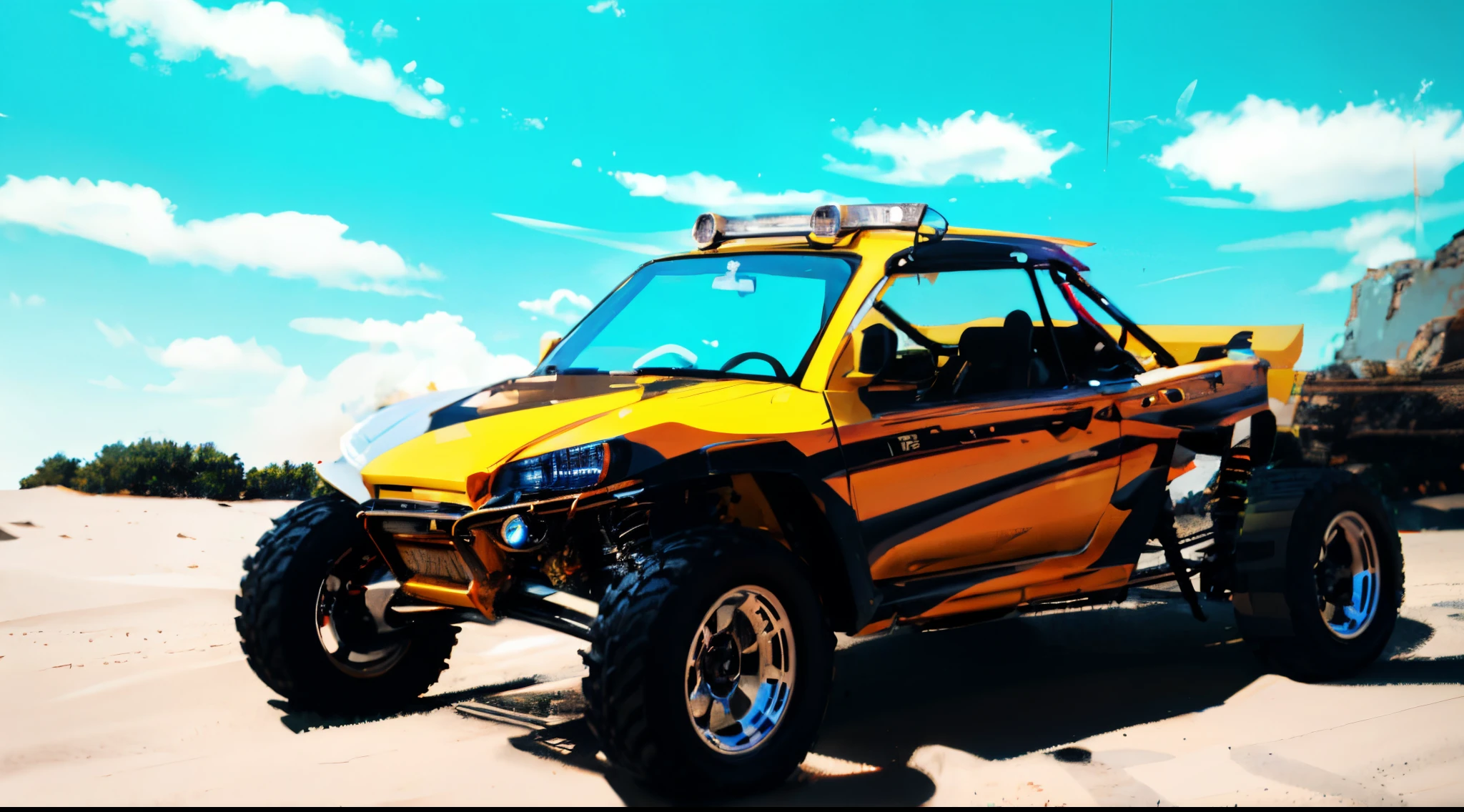 there is a yellow and black buggy parked in the sand, tesla dune buggy, buggy, octane 4 k render, octane 4k render, octane 8k render, octane 8 k render, octane highly render, 8k octane render photorealistic, octane render 8 k hd, hyperealistic octane render, realistic octane render, realistic. octane render, photo realistic octane render
