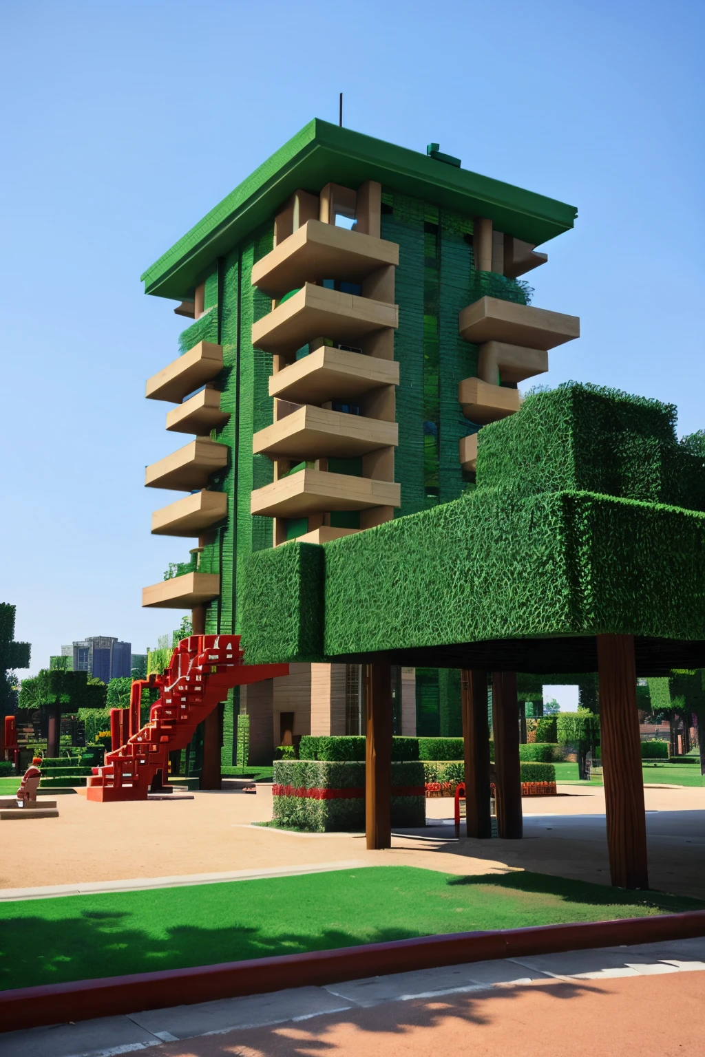 park, minecraft, large playground,big building,strange、interesting