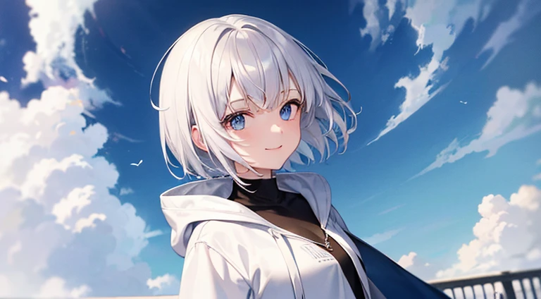 Ultra-high image quality,Look at viewers, hands behind back, girl with, 20 years old, Very short hair, long bangs between eyes, pale blue eyes, Hoodie, Skirt , Extremely detailed,(masterpiece、top-quality),White hair、A smile、Fantastical, Silver hair, Black eyes, Hoodie, White hoodie,a black skirt,Hair is short,White jacket, Casual style,Open jacket, Cowboy Shot、Fluttering hair、a small face、Bright smile、(Detailed face) ,profetional lighting,fantastic landscape,Blue sky, Sunlight,look down from above,portraitures,snowscape