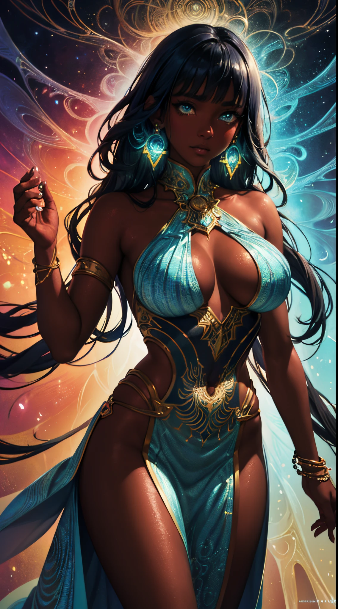 {Celestial hues, lofi, shiny aura, cute, skin girl with dark skin and black hair, big pretty realistic eyes, golden tribal markings} solo ((( perfect dark skintone, perfect flawless face))), highly detailed, holographic glowing motifs, geometric, perfect composition, digital painting, artstation, concept art, smooth, sharp focus, illustration, Carne Griffiths, pixar, Victo ngai, Jean Baptiste Monge, beautiful, perfect eyes, full lips, 96k, best quality, full shot ))) (masterpiece, top quality, best quality, official art, beautiful and aesthetic:1.2), (1girl:1.3), extremely detailed,(fractal art:1.1),(colorful:1.1),highest detailed,(zentangle:1.2), (dynamic pose), (abstract background:1.5), (gradient dress:1.2), (shiny skin), (many colors:1.4), ,(earrings:1.4),