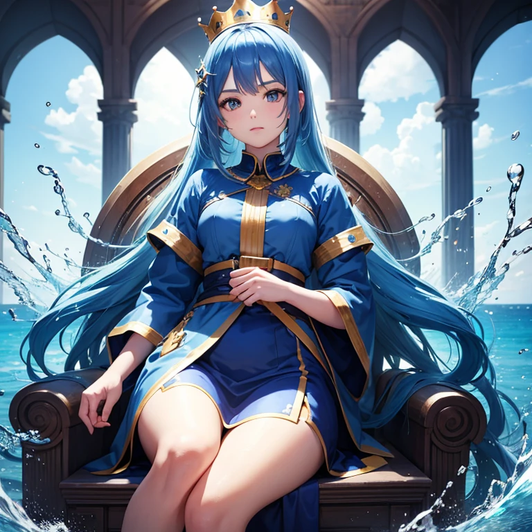 1girl, blue hair, blue shirt, crown, sitting on throne, water element background