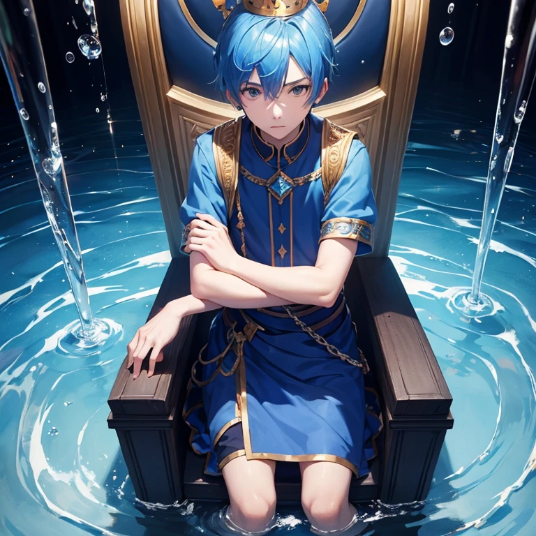 1boy, blue hair, blue shirt, crown, sitting on throne, water element background