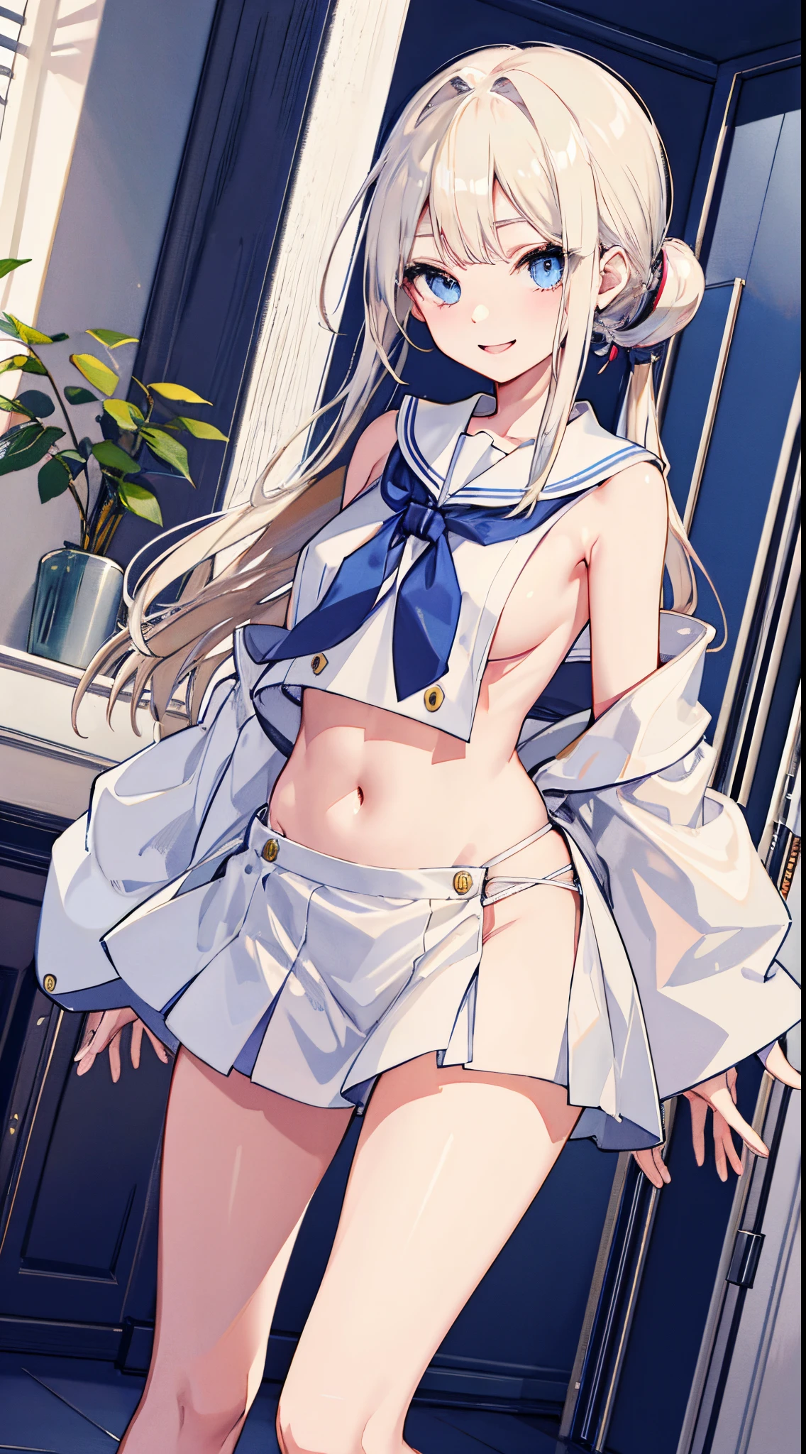 top-quality、realistic touch,high-detail、photoRealstic、long body、thin-waist、captive beauty、big eye、Strong platinum blonde eyelashes、platinum-blond、full body Esbian、Sparkling eyes、Submissive smile、Flushed cheeks、Kamimei、thin-waist、Voluptuous thighs、Enraptured look、Raked bangs、The forehead is protruding、a sailor suit、sleeveless、Inside a room、18yo girl、pony tail hairstyle、standing、clothes with wide open sides、Navel Look、sideboob