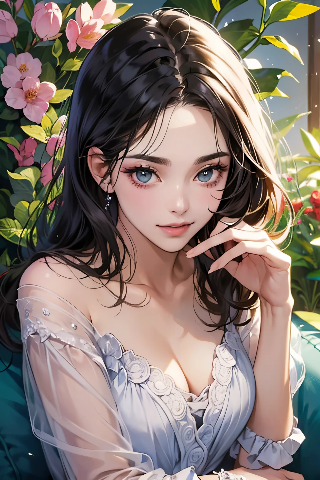 (masutepiece, Digital Art, Digital Illustration, 4K, 8K, Ultra-detailed, beautiful image, Sharp Image, Photorealistic, Raw photo, Perfect face, Perfect lines, Perfect eyes, Soft lighting) ,1 woman, (Long Black Hair,straight haired,Bullish gaze,Beautie,ellegance,Solid makeup,23 y-o woman,small tits:1.3),Two handsome men in suits, (ember,well-muscled,Firm shoulder width, Man's,Boyish hairstyle,English gentlemanly style,Man in his 30s with a cool expression,28-year-old man with bright smile:1.2),Show white teeth and smile(embarrassed from,Shy smile:1.1),A garden full of light、The fountain、Resort Sofa、colorful flower、innocent smiles,Laugh、a couple、couple kissing、kiss、the kiss、Romance、