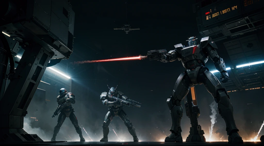 wide shot, Sharp and realistic, Strong-looking male warrior robot. Holding a laser gun standing in the International Space Station, Fighting with an army of cyborgs, dark tones., phone wallpaper pictures.