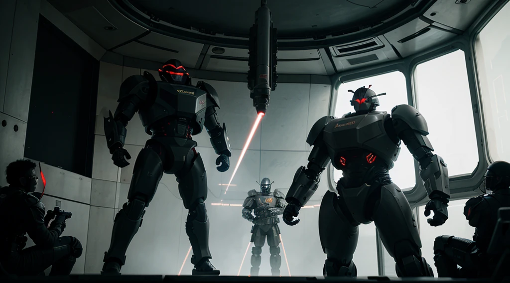 wide shot, Sharp and realistic, Strong-looking male warrior robot. Holding a laser gun standing in the International Space Station, Fighting with an army of cyborgs, dark tones., phone wallpaper pictures.