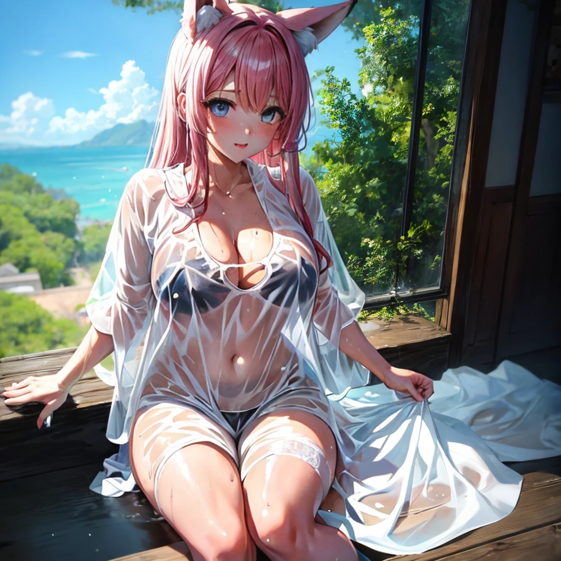 One girl anime styled。girl with。Blue eyes。 in estruig fox Tail。Looking at the camera,fox ear, pink hair, white crop top, fox tail, girl 18 old , utral light, sitting in the bedroom,hair hair, wear pantie, wear dress, salon,Wet and see-through、cute little、blushed、Chest cleavage、thighs thighs thighs thighs、No bra、witheout panties、high-level image quality、Vivid、high detailing、(( breast: 1.2)), ((blush face: 1.3)),((wet clothes:1.5)),wear white legwear,pink bikini,,((peeing:1.2))