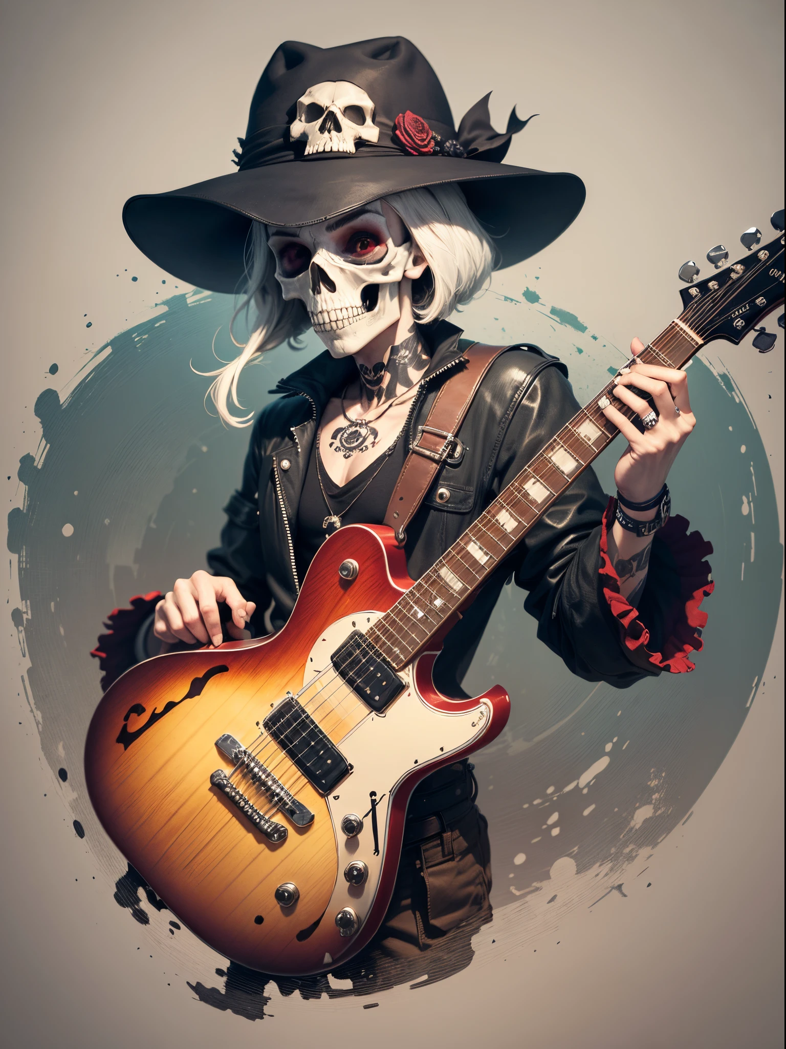 Rock and Roll poster, guitar, skull wearing a hat and bones in a cartoon style, holding a guitar. skull face, spooky cartoon skull, skull and crossbones, skull face, skullish, skull head, lowbrow art style, ((skull)), skull and bones, skull bones, calavera, skeleton face, arte lowbrow style, drawing of a skull, skull tattoo,