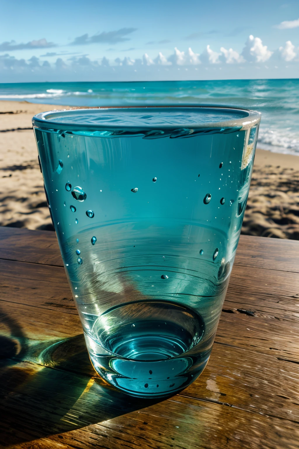 Realistic,big glass of water with shark inside,wood table on the beach,reef inside the glass,manta inside