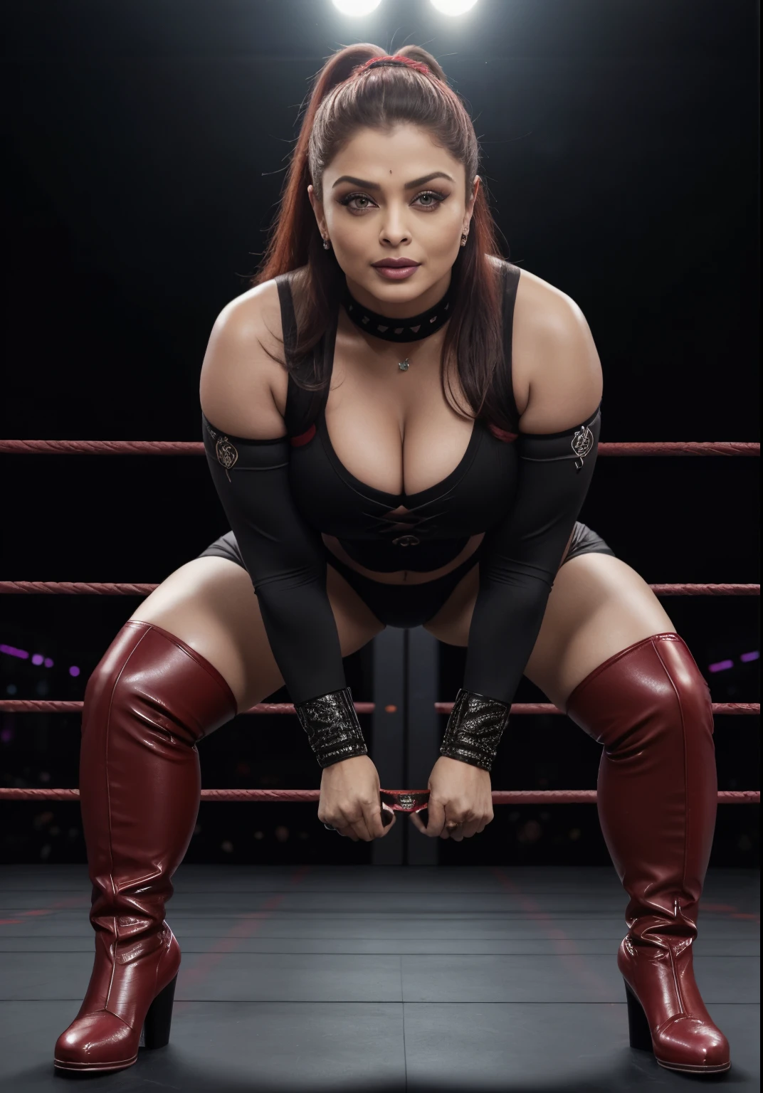 50 yo MILF Aishwarya Rai Bachchan as WWE wrestler, black micro hot pants with red mini top, ((thigh high boots)), ((ponytail hair)), athletic curvy milf body, posing in wrestling ring, hourglass milf figure, perfect breasts, looking straight at camera and (((winking eyes))), soft volumetric lights, intricate details, (ArtStation:1.2)