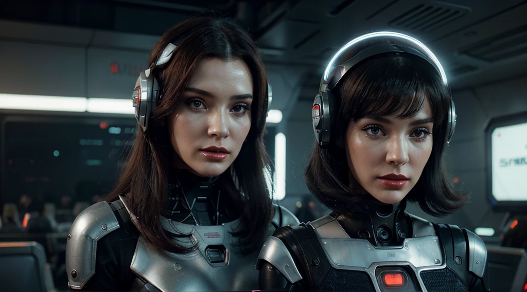 Close-up of a woman wearing a futuristic helmet and red lipstick., Jackie Wells Cyberpunk, CG Society 9, style = Retro Futuristic, Beautiful Robot Woman, Portrait of female robot, Futuristic retro fashion, Still from the movie Bladerunner, Female robots in data centers, Moebius Aesthetics, The movie continues of alien robots., Shown as a sci-fi scene