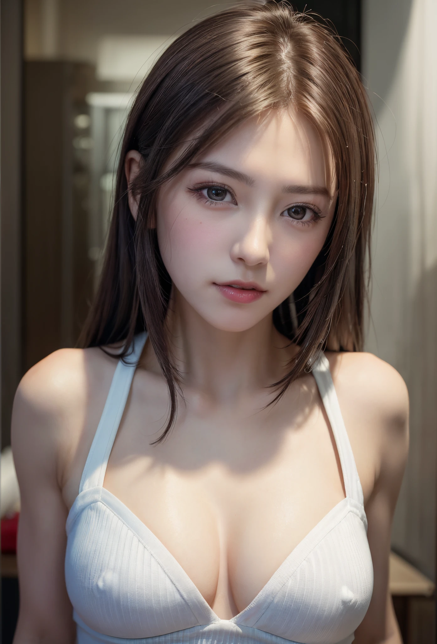 (8K, Photorealistic, Raw photo, of the highest quality: 1.3), (1girl in), Super beautiful, (Realistic face), (boyish, Silver Color Berry Shorthair), Beautiful , Glare that captivates the viewer, Beautiful expression, Beautiful breasts, (Realistic skin), Be...