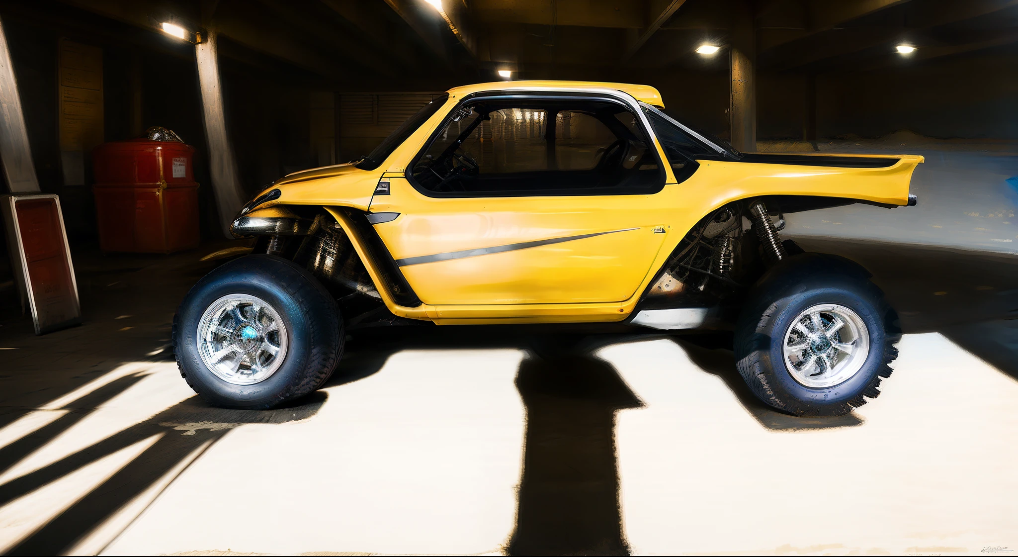 yellow and black buggy parked in a garage with a blue blanket, buggy, vehicle concept photo!!, trophy truck, ultra 4 k concept turnaround, tesla dune buggy, album photo, close body shot, yellow lighting from right, full view of a car, reddit post, full body wide shot, digitally painted, racecar, ultra 4 k, ultra 4k