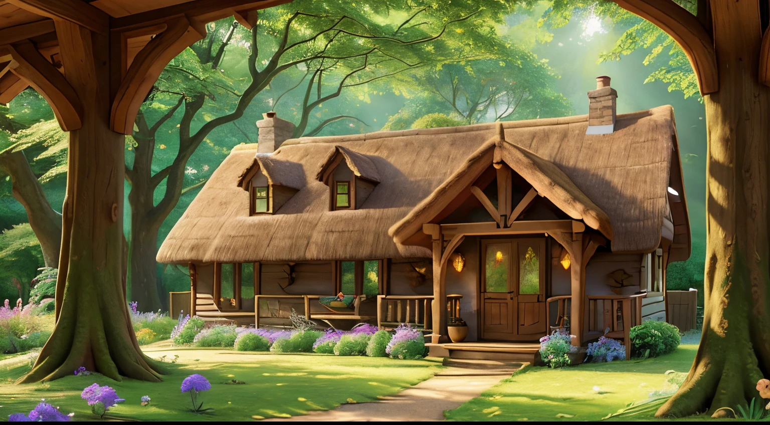 A picturesque cottage nestled in a magical woodland, with towering trees and a carpet of vibrant wildflowers surrounding it. Sunlight filters through the leaves, casting a soft, golden glow on the house. The cottage boasts intricate wooden carvings, a charming bay window, and a moss-covered roof, creating a fairy tale-like atmosphere.