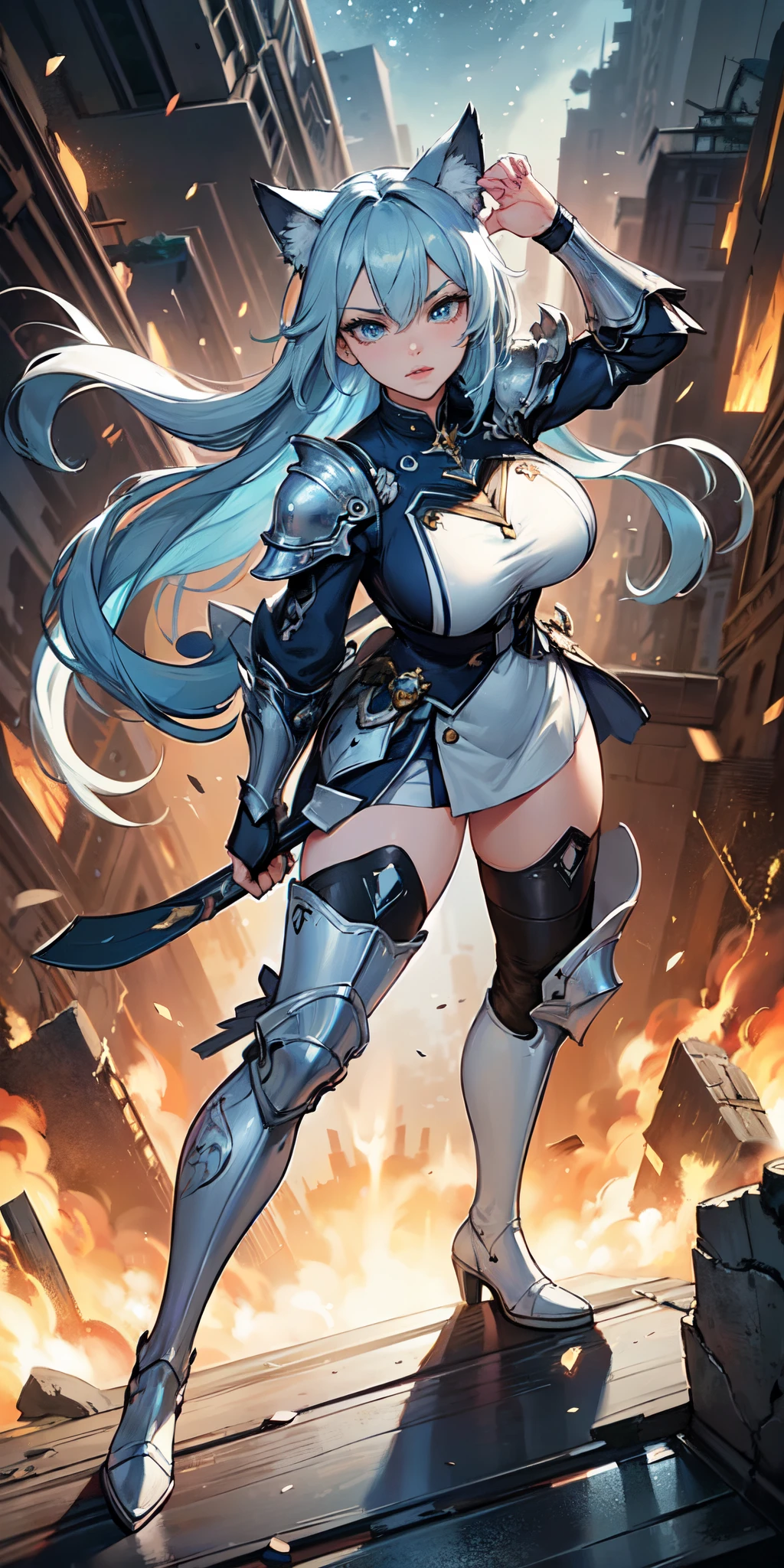 Masterpiece, beautiful art, 8k, art style by sciamano240, very detailed face, detailed clothes, detailed fabric, 1girl, beautiful face, asymmetrical long hair, light blue hair, space armor , thigh boots , very detailed blue cat eyes, hero stance , holding large sword in one hand, serious expression, destroyed city, full body view,