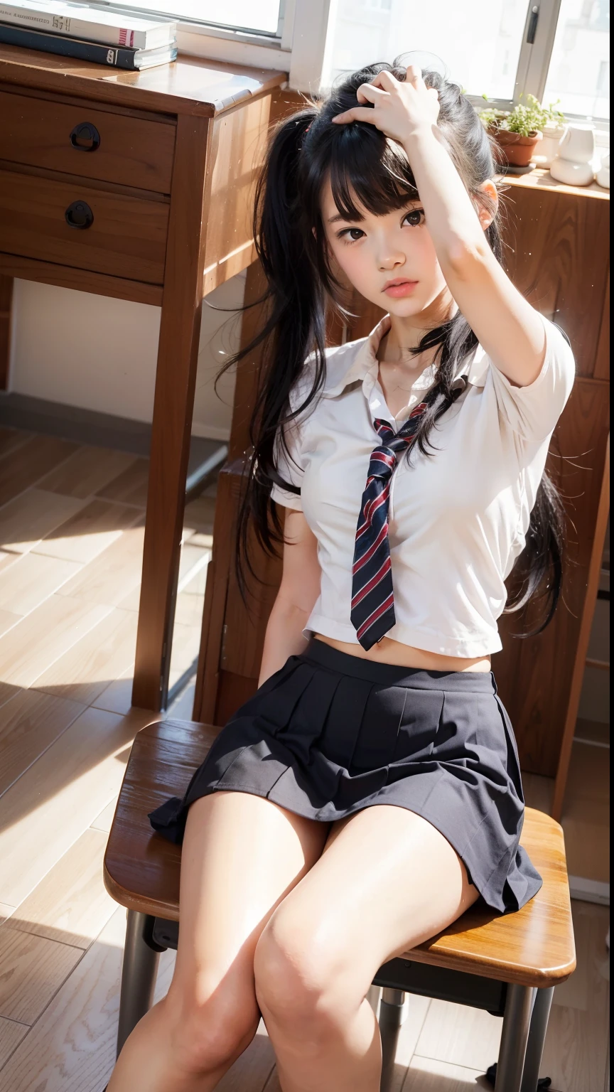 Girl, schoolgirl, black hair ponytail, room, window,