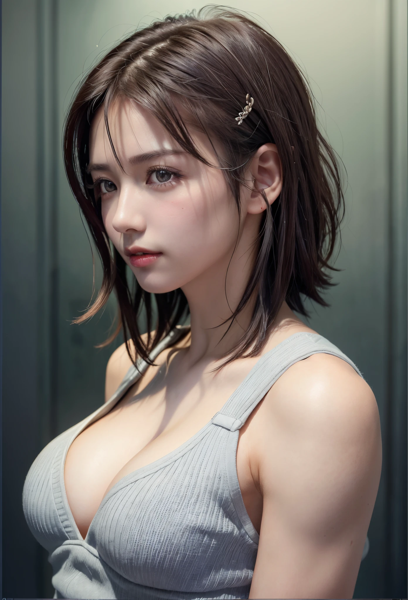 (8K, Photorealistic, Raw photo, of the highest quality: 1.3), (1girl in), Super beautiful, (Realistic face), (boyish, Silver Color Berry Shorthair), Beautiful , Glare that captivates the viewer, Beautiful expression, Beautiful breasts, (Realistic skin), Be...