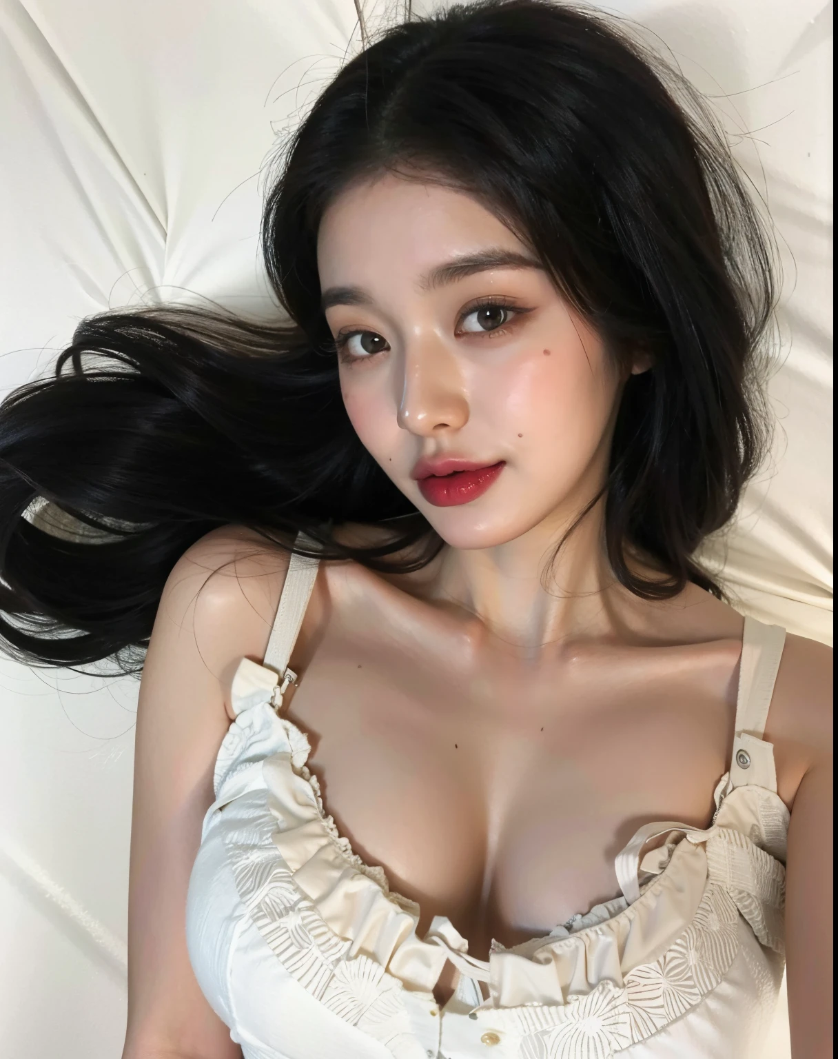 Mujer araffed con largo cabello negro acostada en la cama., 18 years old, 2 2 years old, 21-year-old, Angelawhite, sexy look at the camera, 2 3 years old, , posando en la cama, 2 4 year old female model, beautiful asian girl, Asian girl, 2 7 years old, 1 8 yo