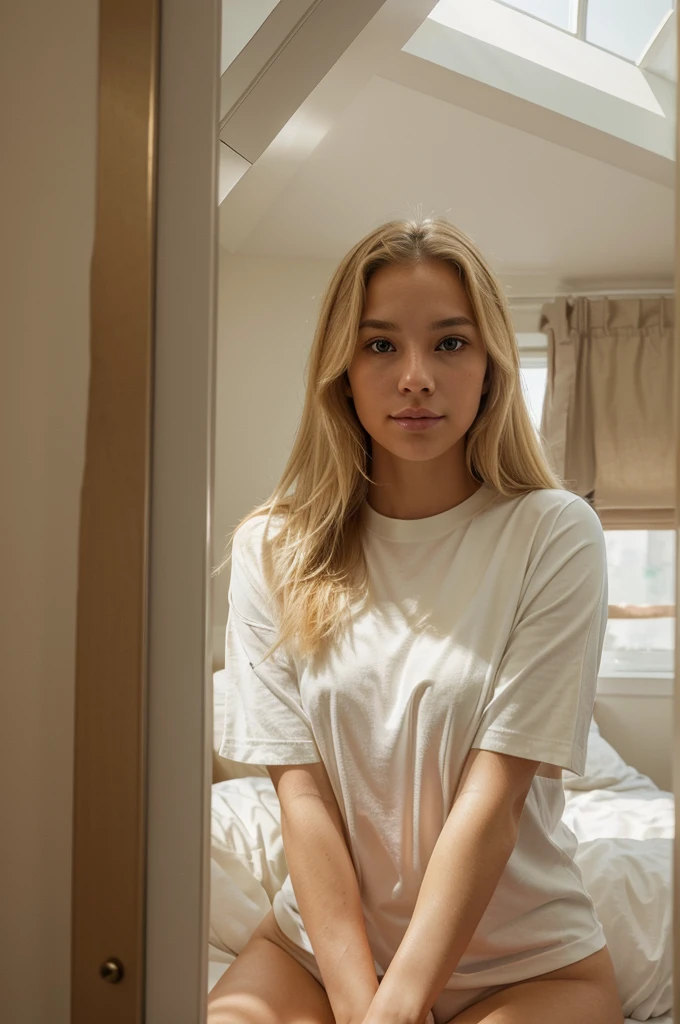 A photograph of a majestic Golden Retriever dog, dressed in a white Moncler luxury brand T-shirt, inside a cozy bedroom. With his golden coat shimmering in the soft light filtering through the window, the dog stands at the center of the composition. His friendly, deep-set eyes, a shade resembling amber, are fixed on the camera with a gaze that radiates loyalty and affection. Her calm and serene expression suggests a deep connection with her inner environment. The room, with comfortable furnishings and carefully chosen details, creates a warm, homey backdrop that enhances the beauty of the moment, inviting us to reflect on the calm and companionship that our faithful furry friends can bring to our lives.
