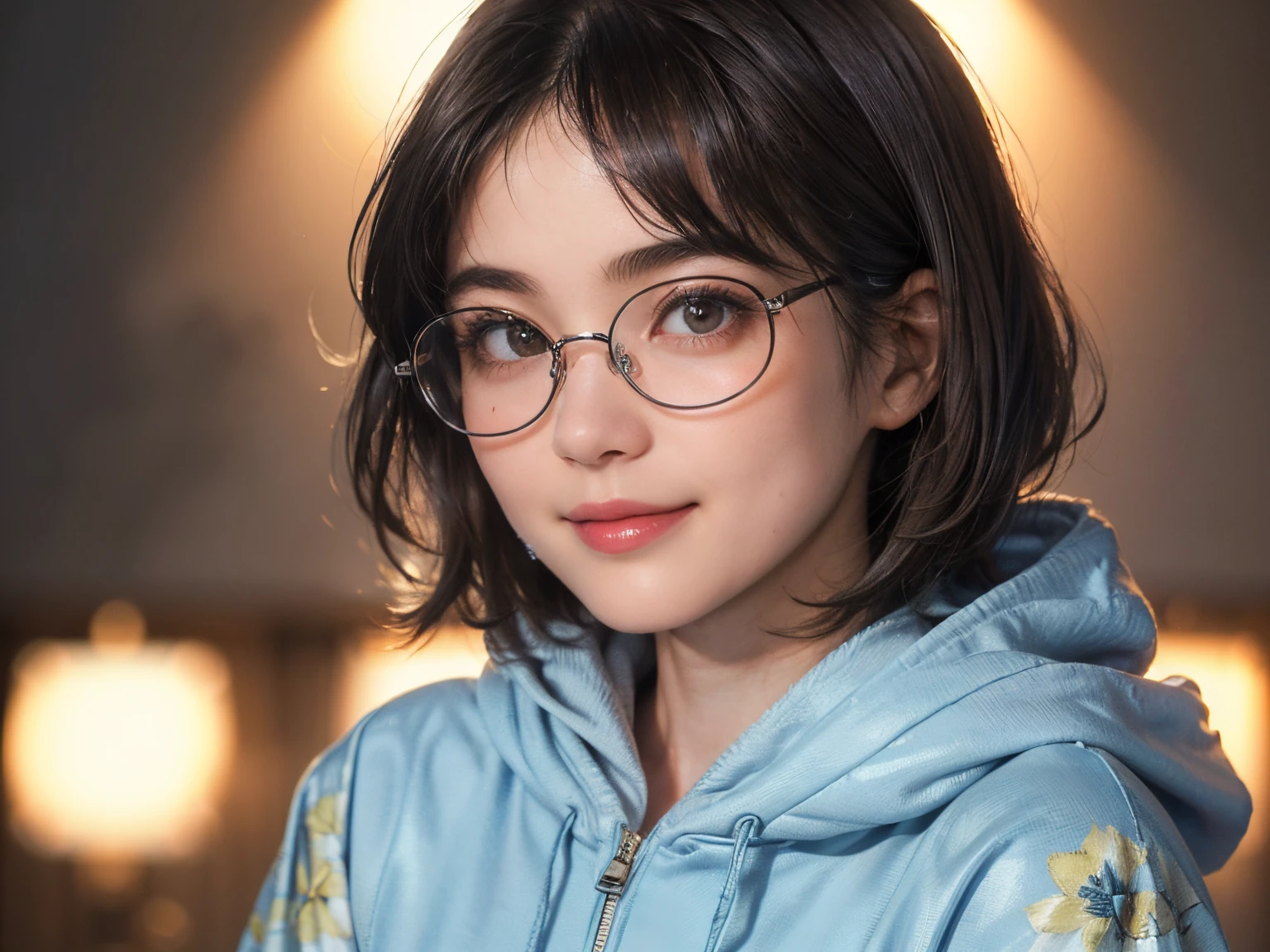 135
(a 20 yo woman,Wearing sportswear), (A hyper-realistic), (high-level image quality), ((beautiful hairstyle 46)), ((short-hair:1.46)), (Gentle smile), (brest:1.46), (lipsticks), (Wearing glasses), (darkened room), (florals), (wearing hoodies)