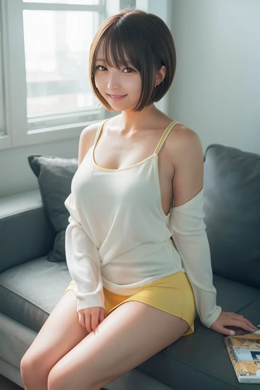 (masterpiece,Highest quality,High resolution,Realistic:1.2),(1 high school girl:1.2),(Smiling with teeth showing and eyes narrowed:1.3),(Bobcut, Brown Hair, No makeup:1.3),,(Japan Girl:1.2),(Clothes that look good:1.2),, (View the subject from below:1.2), (Squatting and tiptoe, Spread your legs:1.3)、Completely naked