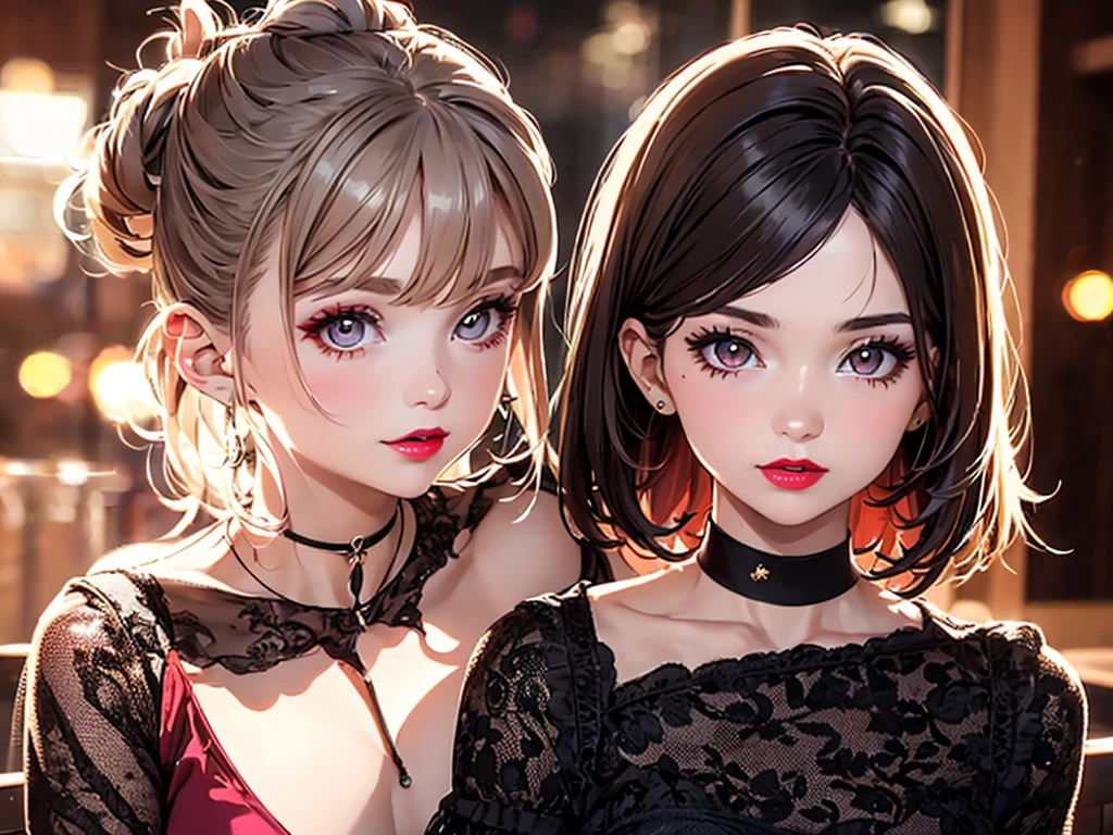 Realistic, 2 girls, selfie, face sitting on extra large zoom bed, face enhancement, smile, looking up, looking here, cleavage emphasis