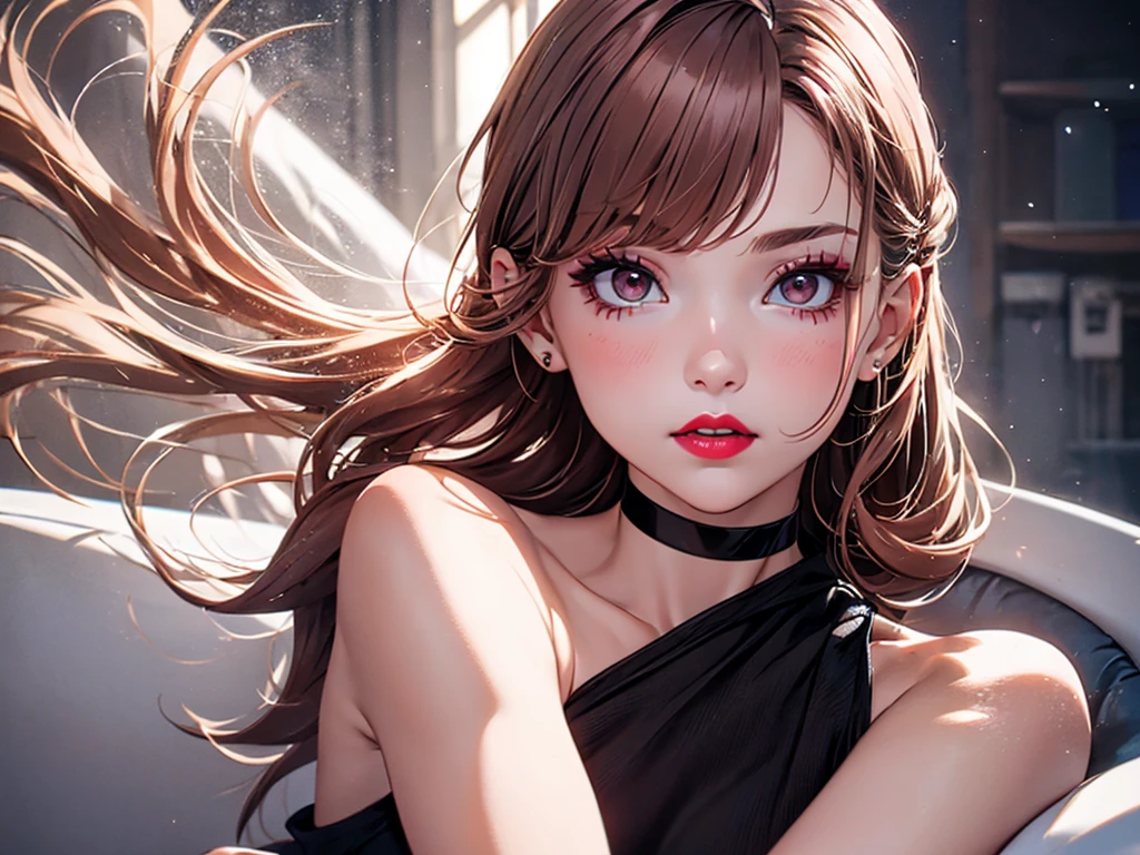 (8k, RAW photo, photorealistic: 1.25), (lip gloss, eyelashes, glossy face, glossy skin, top quality, ultra high resolution, depth of field, chromatic aberration, caustics, wide lighting, natural shading) gentle and goddess-like, (masterpiece, best quality, 1girl, solo), brown hair, red eyes, vampire, black cape, collar, night, clouds, moon, lingerie, black outfit, bdsm, goth, large bust, bangs