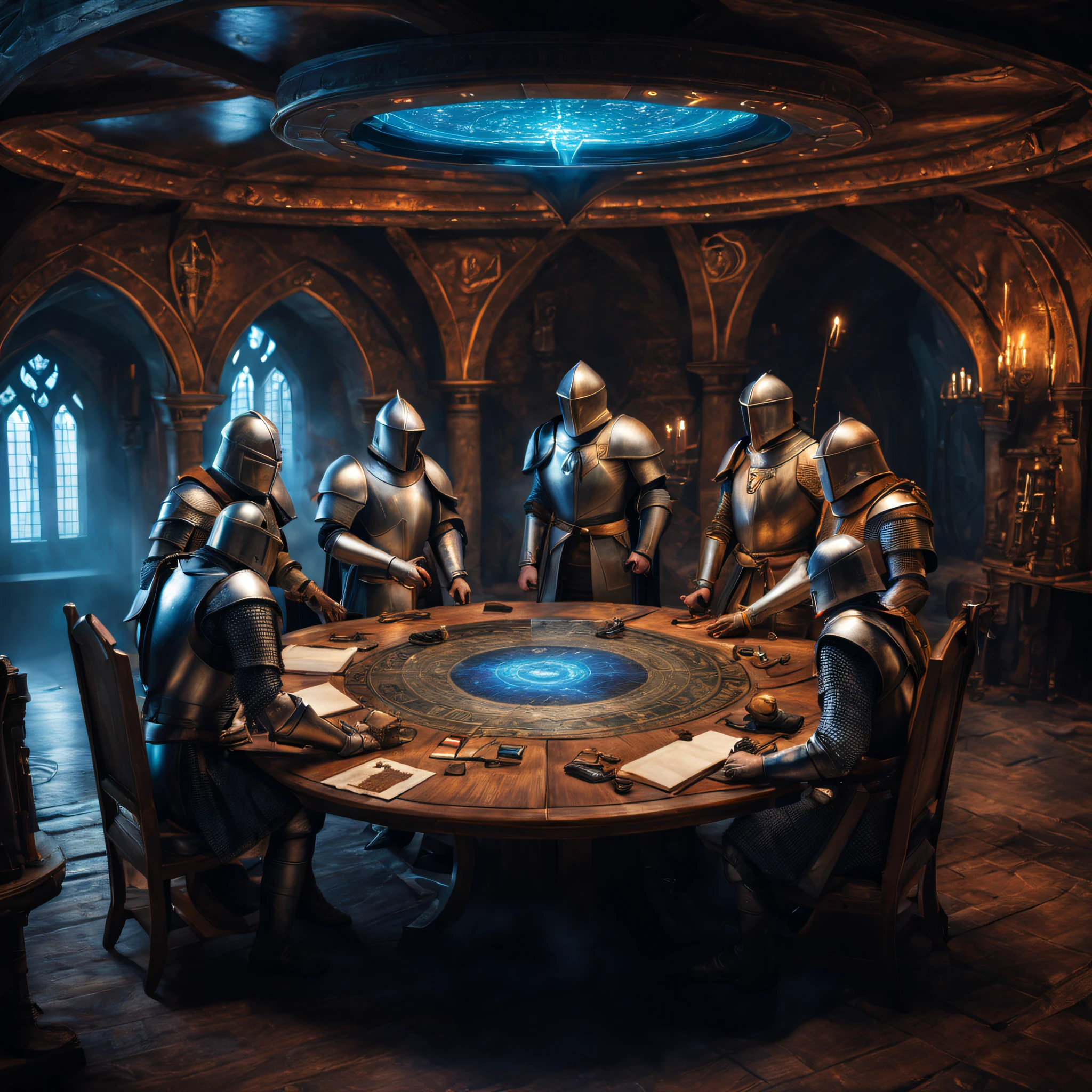 Depict the meeting of the Knights of the Round Table in Camelot.., led by King Arthur, on the table in the center is a model of a spaceship, knights discussing a spaceship project, tapestries with holographic monitors hang on the walls, some knights have neon laptops in their hands, combination of medieval style and science fiction style, medieval fantasy scene, Medieval sci-fi fusion, pay special attention to the details of the knights&#39; equipment and environment, view from top corner, cinematic photo processing, full-shot, hyper-detalied, Realistic