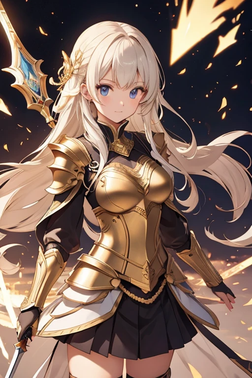 heavily armed warrior princess、Platinum armor、The entire body is decorated with intricate and delicate gold-colored borders.。Equipped with a great sword and tower shield。A look full of self。cute little