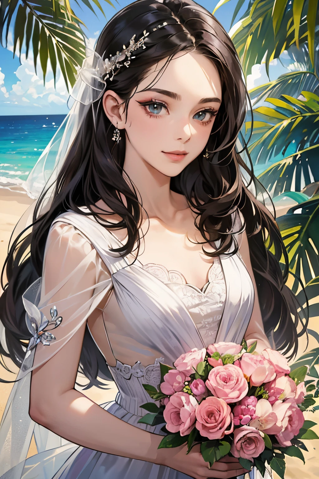 (masutepiece, Digital Art, Digital Illustration, 4K, 8K, Ultra-detailed, beautiful image, Sharp Image, Photorealistic, Raw photo, Perfect face, Perfect lines, Perfect eyes, Soft lighting) ,1 woman, (Long Black Hair,straight haired,Bullish gaze,Beautie,ellegance,Solid makeup,23 y-o woman,small tits:1.3),Two handsome men in suits, (ember,well-muscled,Firm shoulder width, Man's,Boyish hairstyle,English gentlemanly style,Man in his 30s with a cool expression,28-year-old man with bright smile:1.2),Show white teeth and smile(embarrassed from,Shy smile:1.1),shores,Beach,beach wedding、innocent smiles,Laugh、couple kissing、kiss、the kiss、Romance、Mermaid Line Wedding Dresses、Wedding、bouquet of beiragnolia
