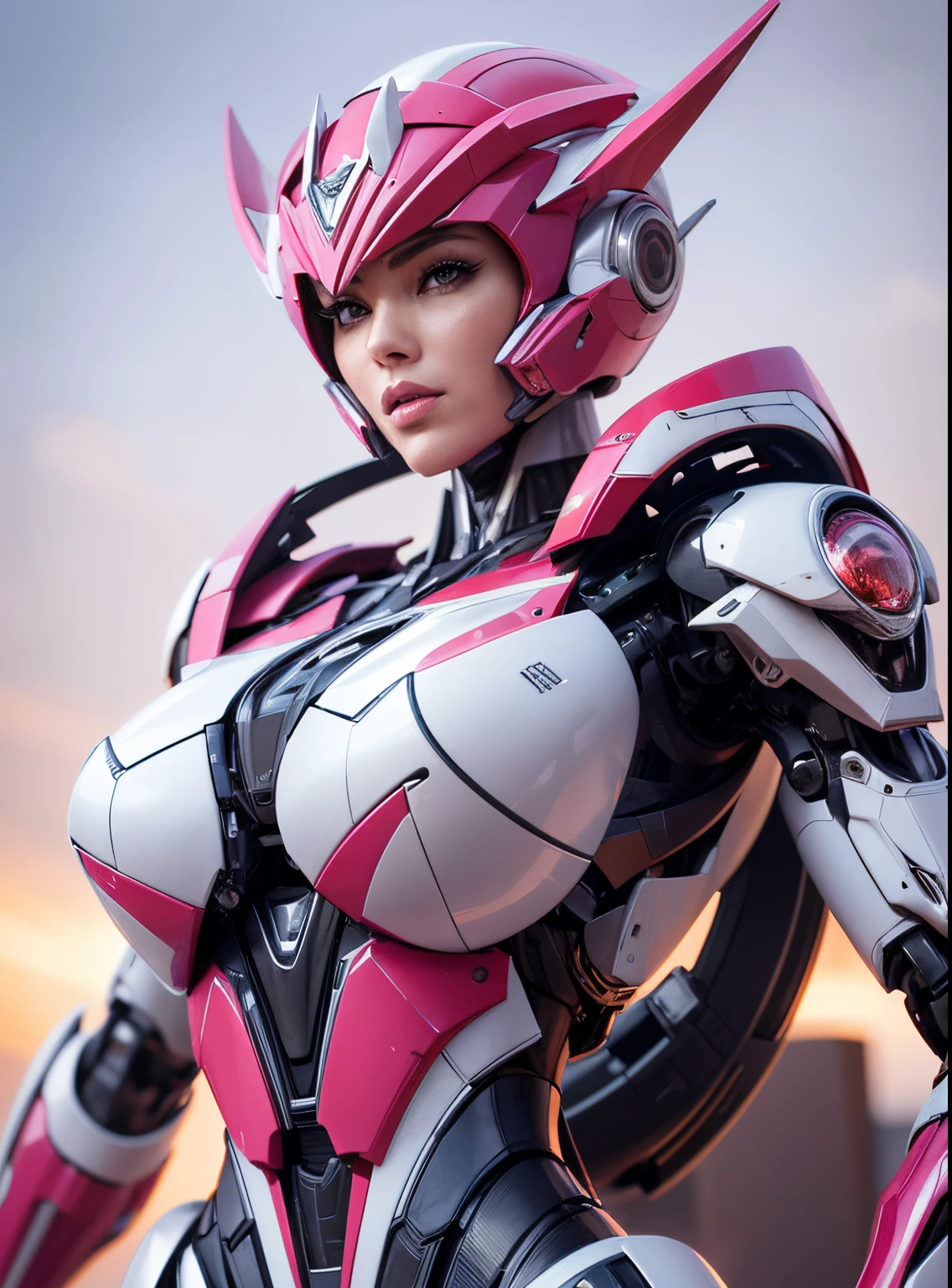 araffed woman in a pink suit holding a gun and a gun, female mecha, girl in mecha cyber armor, mechanized soldier girl, cyberpunk anime girl mech, streamlined pink armor, slick pink armor, echo from overwatch, pregnant female cyborg, cute cyborg girl, female robot, oppai cyberpunk, mechanized valkyrie girl, beautiful robot character design, big boobs, gigantic boobs, cleavage, show cleavage, uhd