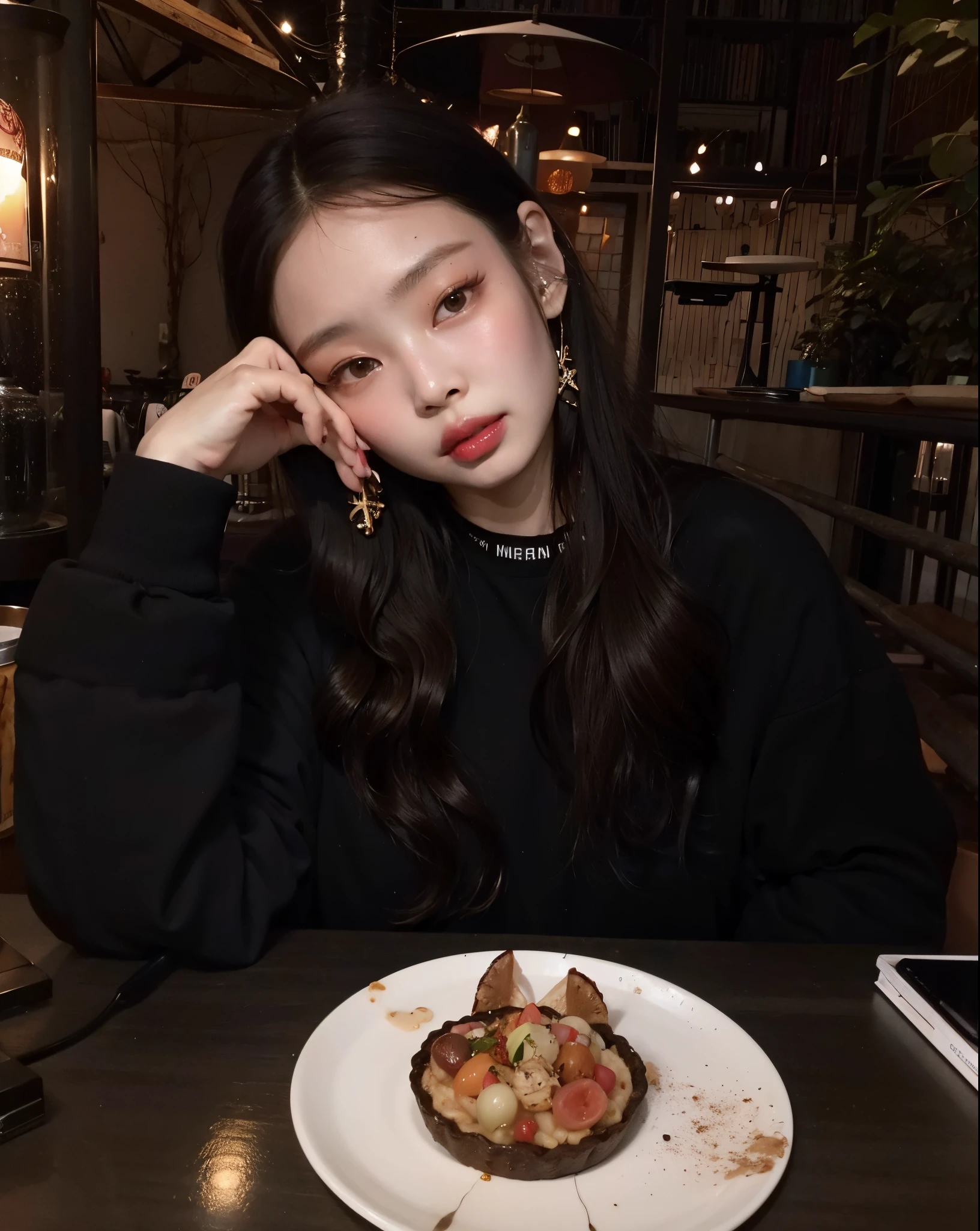 there is a woman sitting at a table with a plate of food, Ulzzang, jennie blackpink, Tumblr, Jinyoung Canela, menina coreana, Jaeyeon Nam, Retrato de Jossi de Blackpink, Heonhwa Choe, Mukbang, young adorable korean face, linda mulher coreana jovem, Lee Ji-eun, Lee Ji - Eun, maquiagem coreana popular