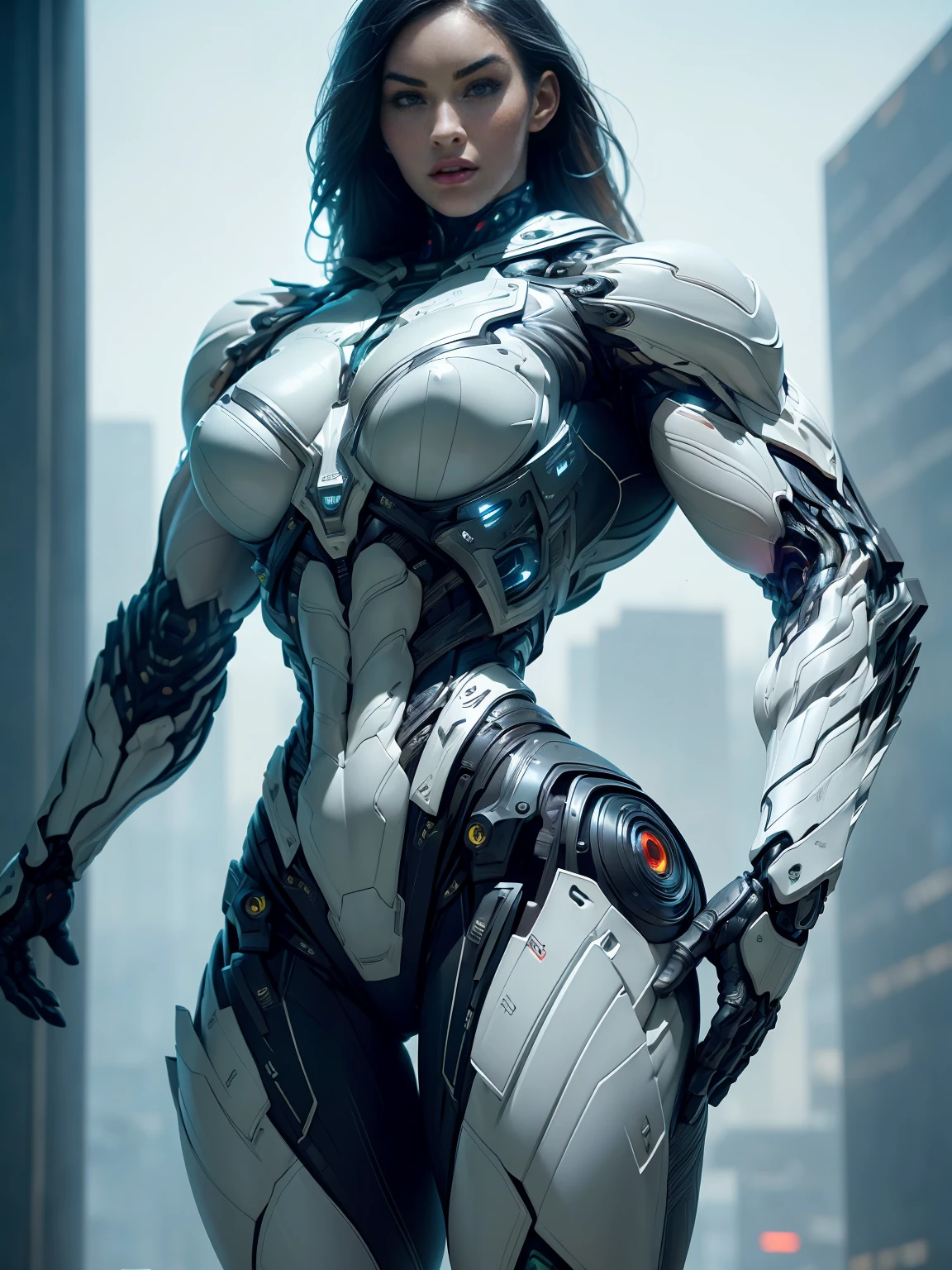 Cinematic, hyper-detailed, and insanely detailed, this artwork captures the essence of megan fox with breathtaking beauty. The color grading is beautifully done, enhancing the overall cinematic feel. Unreal Engine brings her anatomic cybernetic muscle suit to life, appearing even more mesmerizing. With the use of depth of field (DOF), every detail is focused and accentuated, drawing attention to her eyes and the intricate design of the anatomic cybernetic muscle suit . The image resolution is at its peak, utilizing super-resolution technology to ensure every pixel is perfect. Cinematic lighting enhances her aura, while anti-aliasing techniques like FXAA and TXAA keep the edges smooth and clean. Adding realism to the anatomic cybernetic muscle suit, RTX technology enables ray tracing. Additionally, SSAO (Screen Space Ambient Occlusion) gives depth and realism to the scene, the girl's anatomic cybernetic muscle suit become even more convincing. In the post-processing and post-production stages, tone mapping enhances the colors, creating a captivating visual experience. The integration of CGI (Computer-Generated Imagery) and VFX (Visual Effect brings out the anatomic cybernetic muscle suit's intricate features in a seamless manner. SFX (Sound Effects) complement the visual artistry, immersing the viewer further into this fantastic world. The level of detail is awe-inspiring, with intricate elements meticulously crafted, the artwork hyper maximalist and hyper-realistic. Volumetric effects add depth and dimension, and the photorealism is unparalleled. The image is rendered in 8K resolution, ensuring super-detailed visuals. The volumetric lightning adds a touch of magic, highlighting her beauty and the aura of her anatomic cybernetic muscle suit in an otherworldly way. High Dynamic Range (HDR) technology makes the colors pop, adding richness to the overall composition. Ultimately, this artwork presents an unreal portrayal of a super muscled cybernetic female android