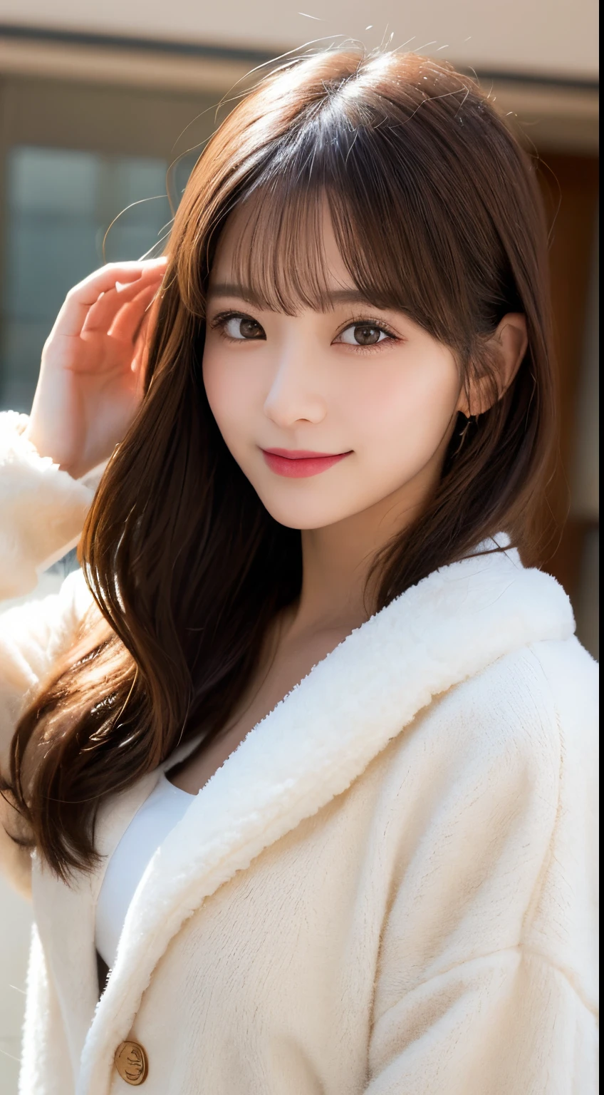 masutepiece, Best Quality, Illustration, Ultra-detailed, finely detail, hight resolution, 8K Wallpaper, Perfect dynamic composition, Beautiful detailed eyes, white fluffy outerwear,Medium Hair,small tits,Natural Color Lip, Bold sexy poses,Smile,Luxury Mansion(a room)、20 years girl、Cute、sexy look at the camera,Perfect and beautiful face,Take close-up photos of your face,Bring your face close to the camera and take a photo,Blur the background