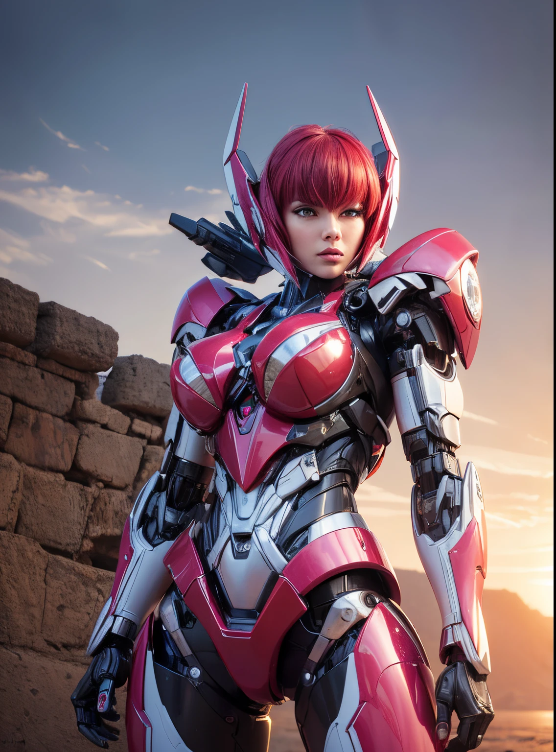 Textured skin, Super Detail, high details, High quality, Best Quality, hight resolution, 1080p, hard disk, Beautiful,(Arcee),beautiful cyborg woman,Mecha Cyborg Girl,Battle Mode,Girl with a Mecha Body,She wears a futuristic Transformers mech,Female Warrior,fully body photo