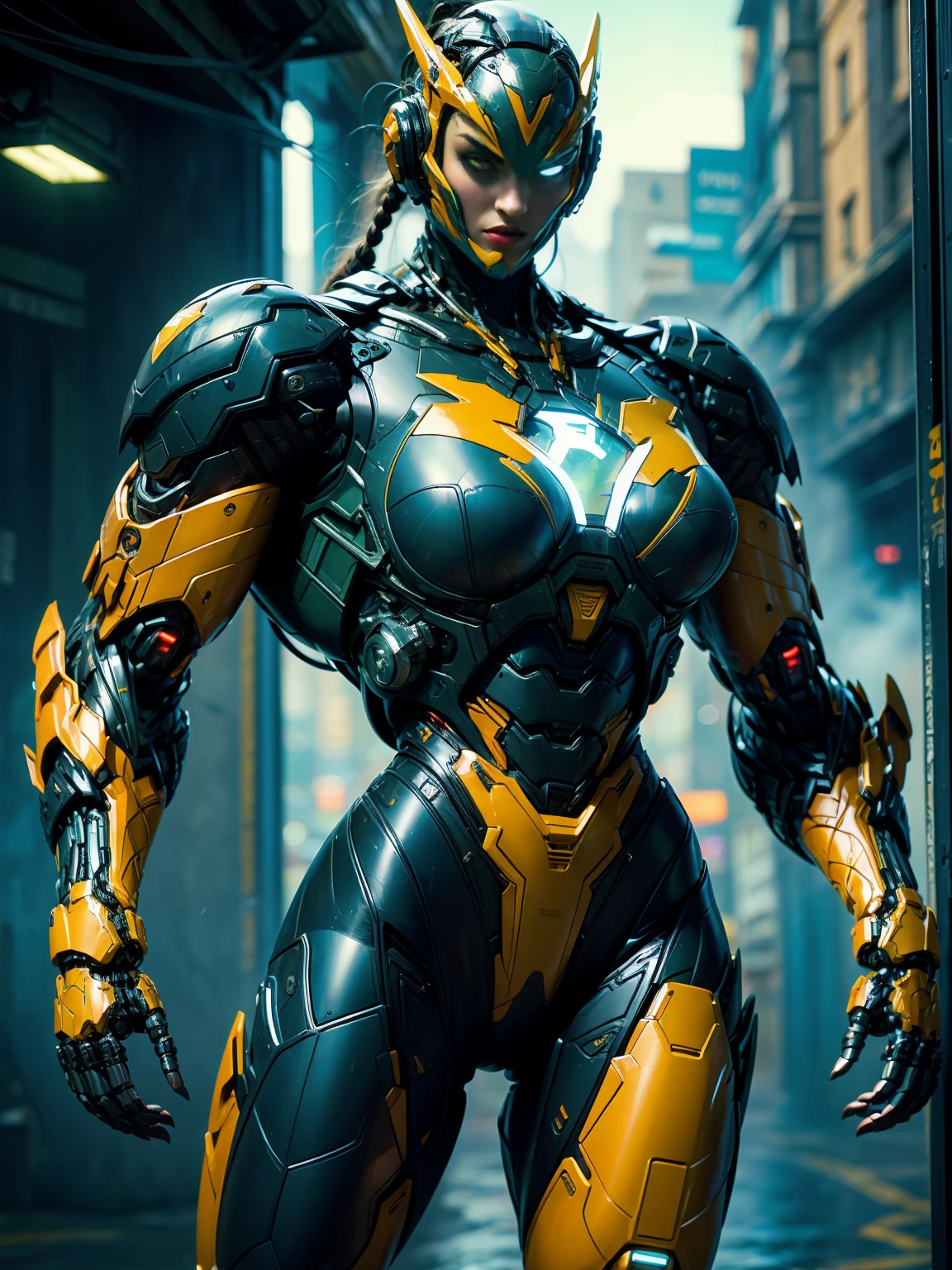 Cinematic, hyper-detailed, and insanely detailed, this artwork captures the essence of megan fox with breathtaking beauty. The color grading is beautifully done, enhancing the overall cinematic feel. Unreal Engine brings her anatomic cybernetic muscle suit to life, appearing even more mesmerizing. With the use of depth of field (DOF), every detail is focused and accentuated, drawing attention to her eyes and the intricate design of the anatomic cybernetic muscle suit . The image resolution is at its peak, utilizing super-resolution technology to ensure every pixel is perfect. Cinematic lighting enhances her aura, while anti-aliasing techniques like FXAA and TXAA keep the edges smooth and clean. Adding realism to the anatomic cybernetic muscle suit, RTX technology enables ray tracing. Additionally, SSAO (Screen Space Ambient Occlusion) gives depth and realism to the scene, the girl's anatomic cybernetic muscle suit become even more convincing. In the post-processing and post-production stages, tone mapping enhances the colors, creating a captivating visual experience. The integration of CGI (Computer-Generated Imagery) and VFX (Visual Effect brings out the anatomic cybernetic muscle suit's intricate features in a seamless manner. SFX (Sound Effects) complement the visual artistry, immersing the viewer further into this fantastic world. The level of detail is awe-inspiring, with intricate elements meticulously crafted, the artwork hyper maximalist and hyper-realistic. Volumetric effects add depth and dimension, and the photorealism is unparalleled. The image is rendered in 8K resolution, ensuring super-detailed visuals. The volumetric lightning adds a touch of magic, highlighting her beauty and the aura of her anatomic cybernetic muscle suit in an otherworldly way. High Dynamic Range (HDR) technology makes the colors pop, adding richness to the overall composition. Ultimately, this artwork presents an unreal portrayal of a super muscled cybernetic female android