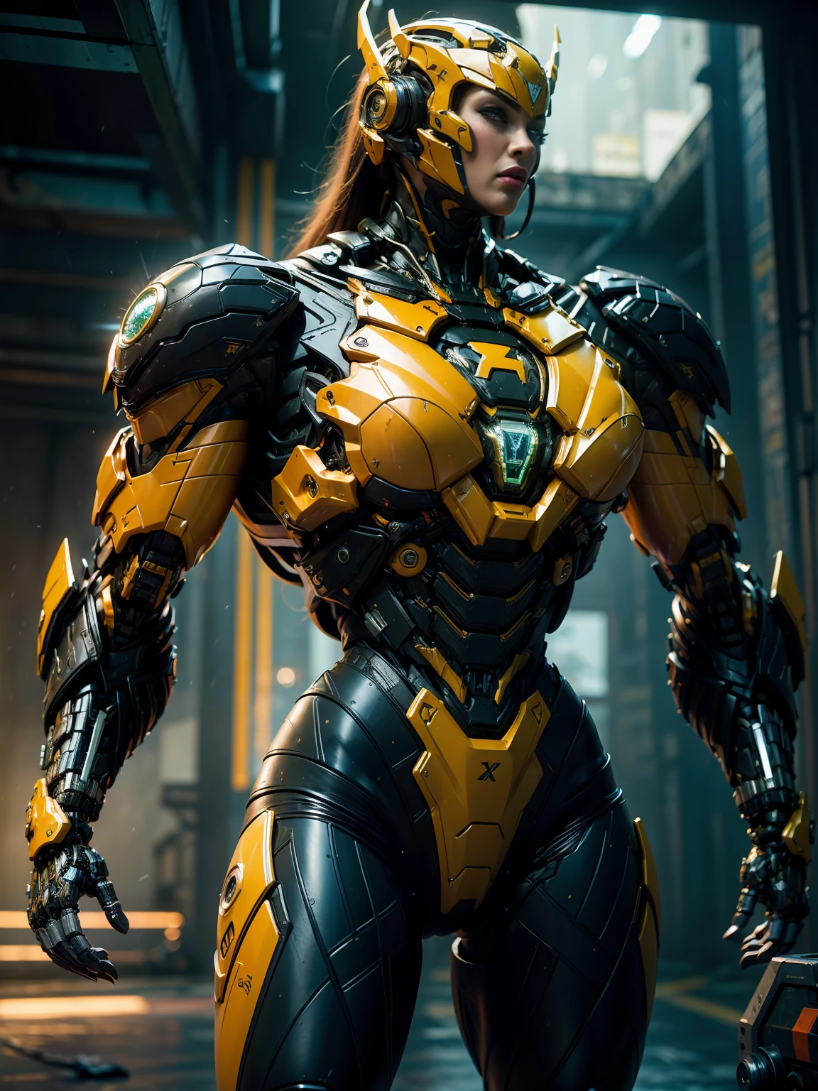 Cinematic, hyper-detailed, and insanely detailed, this artwork captures the essence of megan fox with breathtaking beauty. The color grading is beautifully done, enhancing the overall cinematic feel. Unreal Engine brings her anatomic cybernetic muscle suit to life, appearing even more mesmerizing. With the use of depth of field (DOF), every detail is focused and accentuated, drawing attention to her eyes and the intricate design of the anatomic cybernetic muscle suit . The image resolution is at its peak, utilizing super-resolution technology to ensure every pixel is perfect. Cinematic lighting enhances her aura, while anti-aliasing techniques like FXAA and TXAA keep the edges smooth and clean. Adding realism to the anatomic cybernetic muscle suit, RTX technology enables ray tracing. Additionally, SSAO (Screen Space Ambient Occlusion) gives depth and realism to the scene, the girl's anatomic cybernetic muscle suit become even more convincing. In the post-processing and post-production stages, tone mapping enhances the colors, creating a captivating visual experience. The integration of CGI (Computer-Generated Imagery) and VFX (Visual Effect brings out the anatomic cybernetic muscle suit's intricate features in a seamless manner. SFX (Sound Effects) complement the visual artistry, immersing the viewer further into this fantastic world. The level of detail is awe-inspiring, with intricate elements meticulously crafted, the artwork hyper maximalist and hyper-realistic. Volumetric effects add depth and dimension, and the photorealism is unparalleled. The image is rendered in 8K resolution, ensuring super-detailed visuals. The volumetric lightning adds a touch of magic, highlighting her beauty and the aura of her anatomic cybernetic muscle suit in an otherworldly way. High Dynamic Range (HDR) technology makes the colors pop, adding richness to the overall composition. Ultimately, this artwork presents an unreal portrayal of a super muscled cybernetic female android