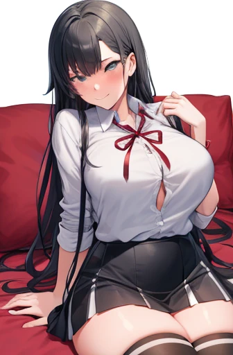 (full figure:1.1), 1 girl as yukino yukinoshita, absurdres, highres, solo, school uniform, big breasts, waist long black hair, (twintails:0.5), miniskirt, black thighhigh socks, loose red ribbon, unbuttoned white shirt, (ahegao:1.1), (rolling eyes:1.1), (female masturbation:1.1)