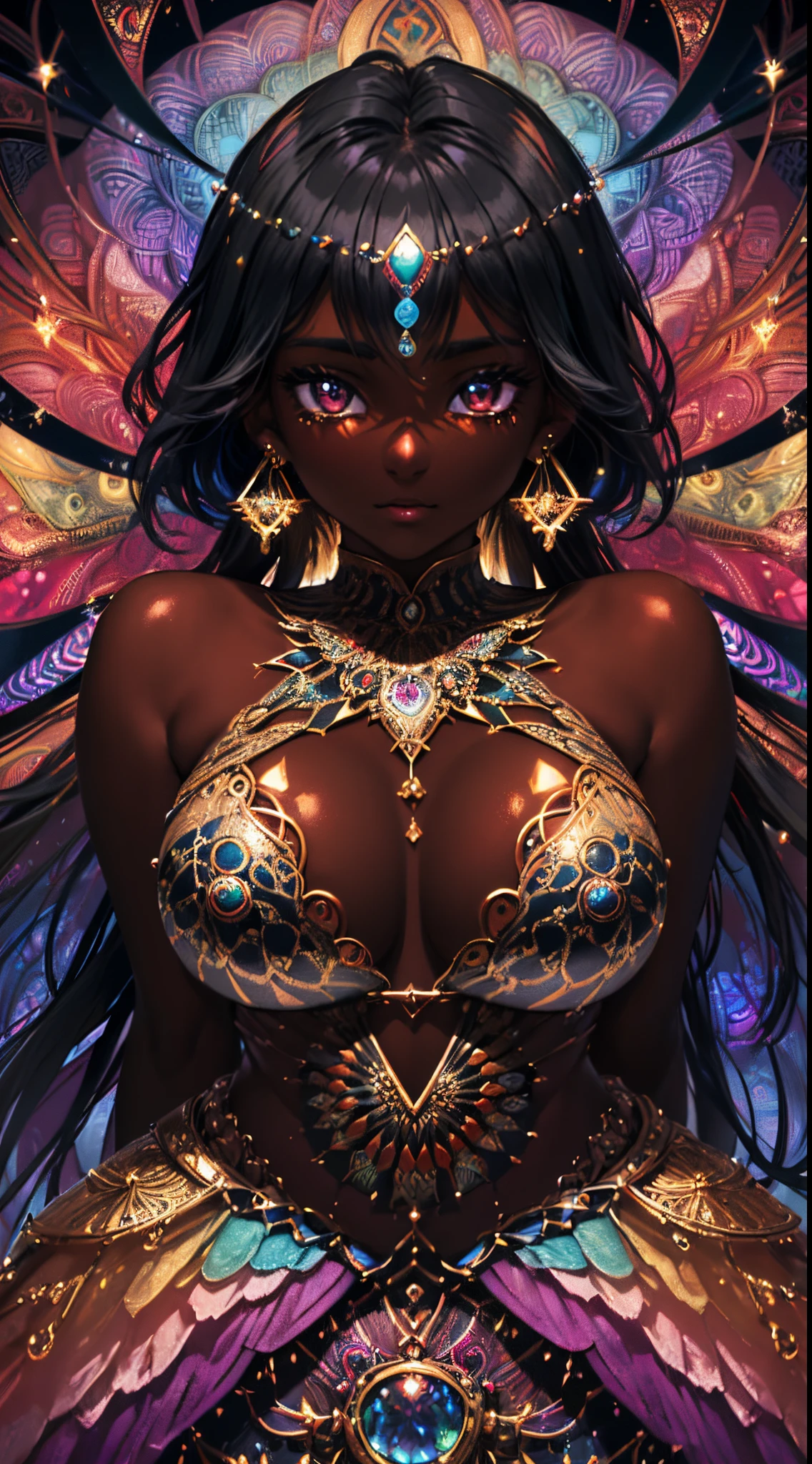 {Celestial hues, lofi, shiny aura, cute, skin girl with dark skin and black hair, big pretty realistic eyes, golden tribal markings} solo ((( perfect dark skintone, perfect flawless face))), highly detailed, holographic glowing motifs, geometric, perfect composition , beautiful, perfect eyes, full lips, 96k, best quality, full shot ))) (masterpiece, top quality, best quality, official art, beautiful and aesthetic:1.2), (1girl:1.3), extremely detailed,(fractal art:1.1),(colorful:1.1),highest detailed,(zentangle:1.2), (dynamic pose), (abstract background:1.5), (gradient dress:1.2), (shiny skin), (many colors:1.4), ,(earrings:1.4),