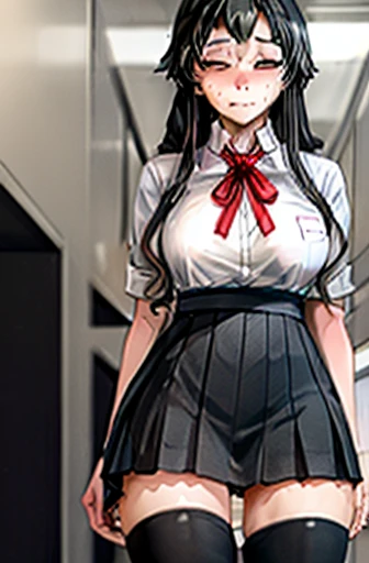 (full figure:1.1), 1 girl as yukino yukinoshita, absurdres, highres, solo, school uniform, big breasts, waist long black hair, (twintails:0.5), miniskirt, black thighhigh socks, loose red ribbon, unbuttoned white shirt, (ahegao:1.1), (rolling eyes:1.1), (female masturbation:1.1)