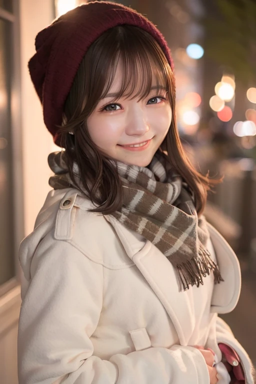 Illumination, Christmas, outdoor, long white coat, smile, brown hair, shoulder length, scarf