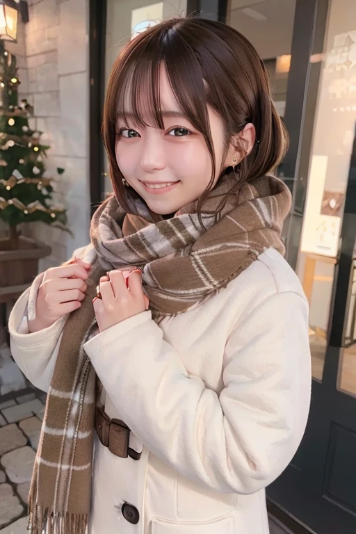Illumination, Christmas, outdoor, long white coat, smile, brown hair, shoulder length, scarf