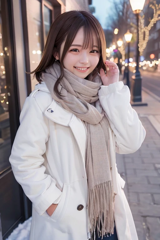 Illumination, Christmas, outdoor, long white coat, smile, brown hair, shoulder length, scarf