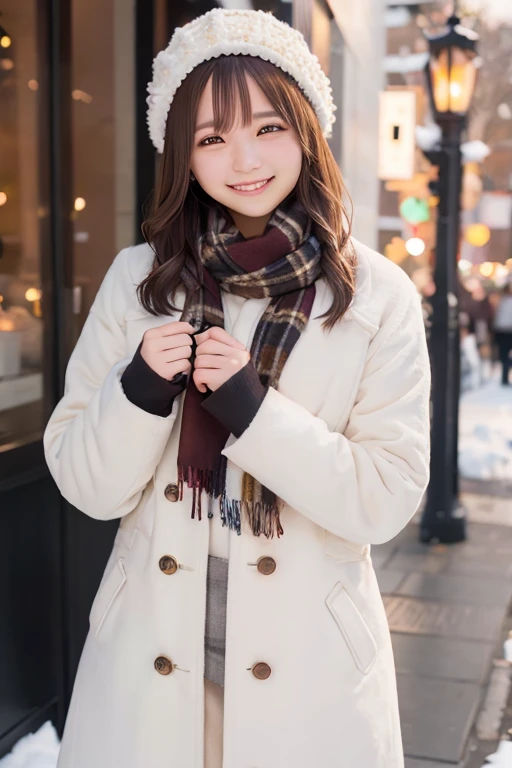 Illumination, Christmas, outdoor, long white coat, smile, brown hair, shoulder length, scarf