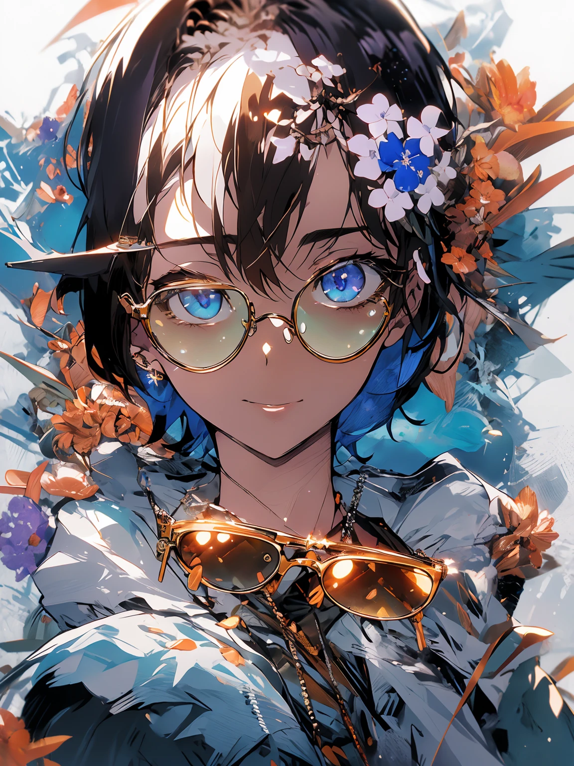 , (masterpiece:1.2), best quality,midjourney,
solo, tinted eyewear, jewelry, hair ornament, looking at viewer, black background, 1girl, short hair, blue eyes, earringackground, flower, upper body, hair flower, orange-tinted eyewear, sunglasses, necklace, jacket, closed mouth, floral print, bangs, blonde hair, white hair, makeup, round eyewear, piercing