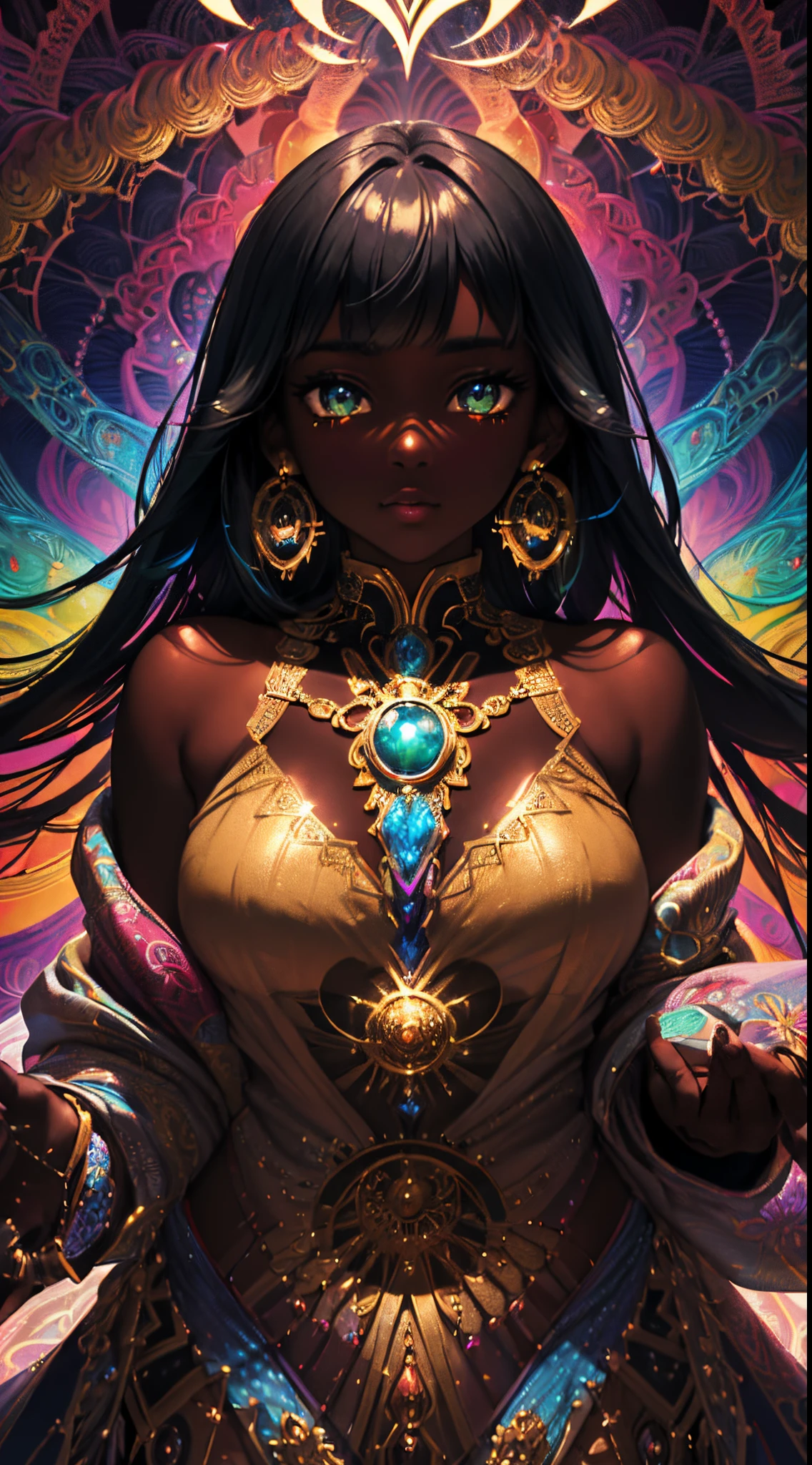 {Celestial hues, lofi, shiny aura, cute, skin girl with dark skin and black hair, big pretty realistic eyes, golden tribal markings} solo ((( perfect dark skintone, perfect flawless face))), highly detailed, holographic glowing motifs, geometric, perfect composition , beautiful, perfect eyes,  full lips, 96k, best quality, full shot ))) (masterpiece, top quality, best quality, official art, beautiful and aesthetic:1.2), (1girl:1.3), extremely detailed,(fractal art:1.1),(colorful:1.1),highest detailed,(zentangle:1.2), (dynamic pose), (abstract background:1.5), (gradient dress:1.2), (shiny skin), (many colors:1.4), ,(earrings:1.4),